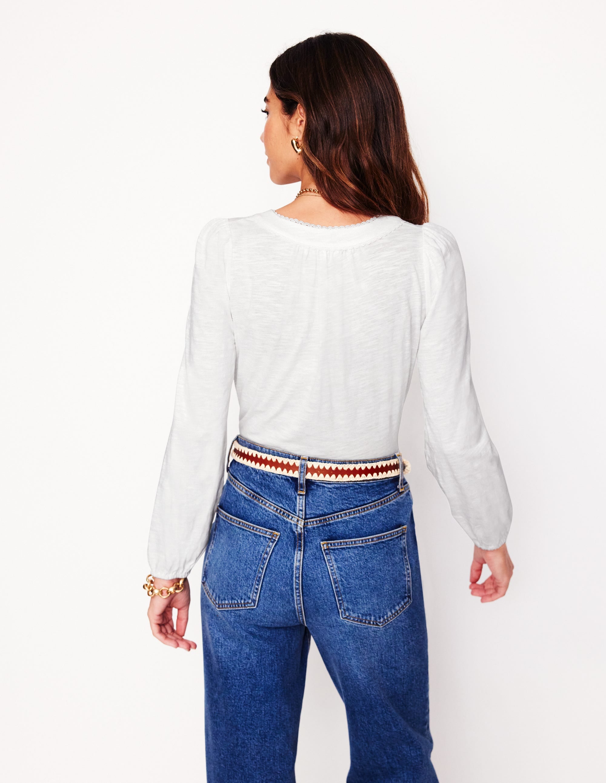 Ava Women's Long Sleeve Trim Top - White Blouse for Work, Office & Casual Wear | Slim Fit Basic Shirt for Everyday Outfits