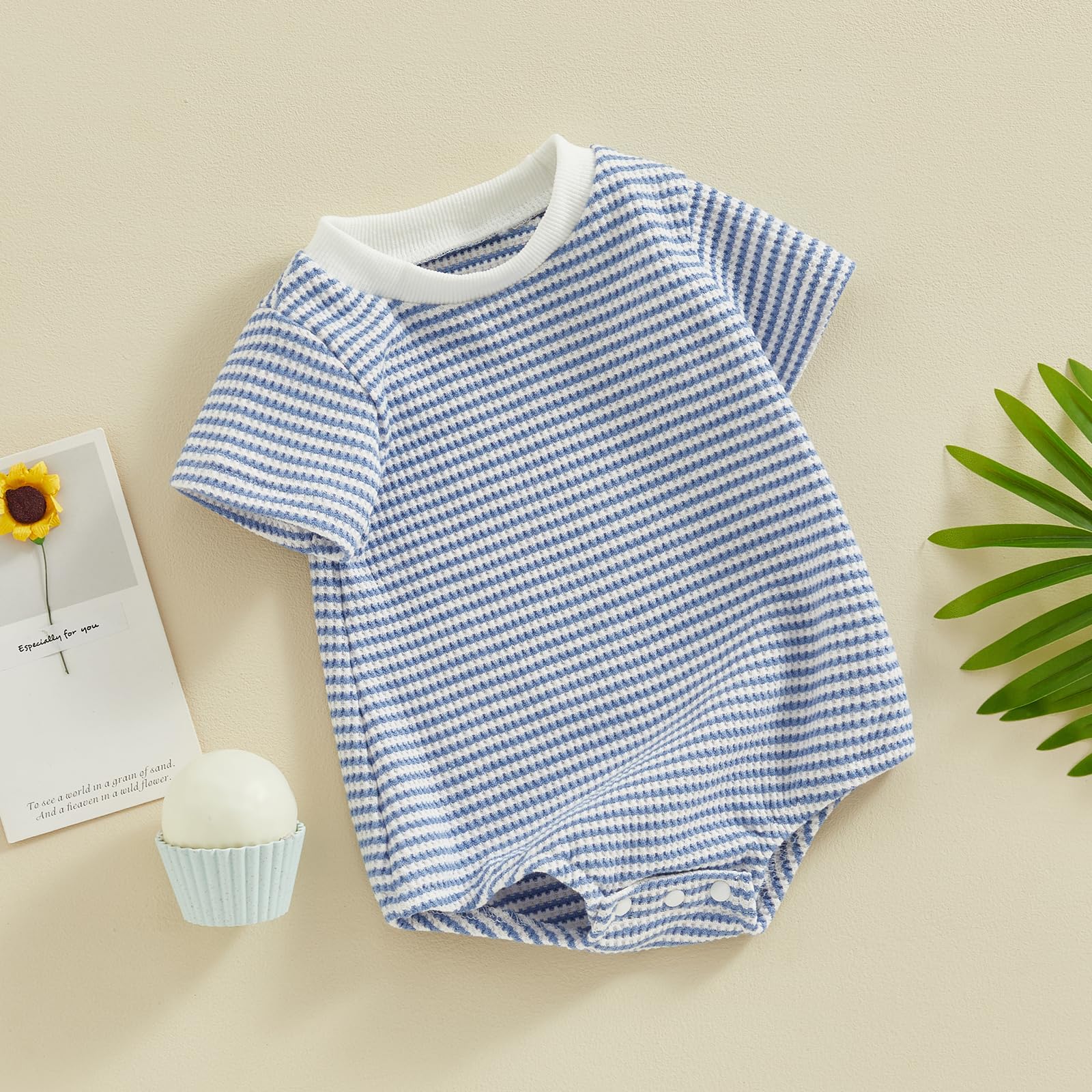 VISGOGO Unisex Baby Striped Romper - Waffle Short Sleeve Bubble Oversized Bodysuit Onesie for Boys & Girls | Perfect for Summer Outfits, Playdates, and Photo Shoots