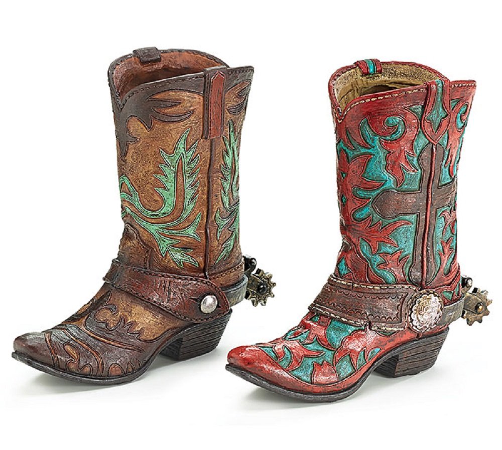 Brown & Turquoise Western Cowboy Boot Vase - Rustic Home Decor for Western Theme (Burnt Red/Turquoise) - Perfect for Farmhouse, Ranch & Southwestern Style Interiors