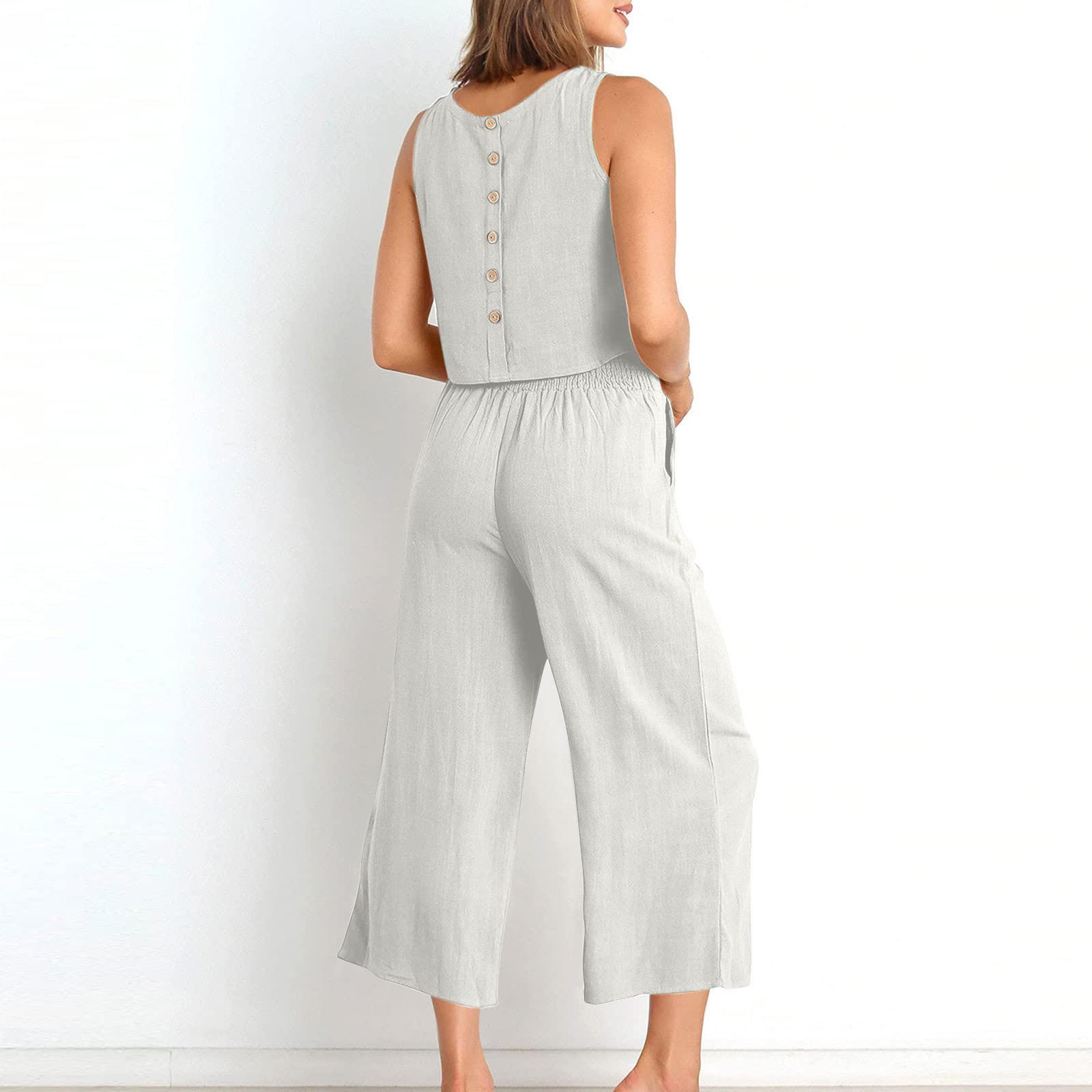 Women's 2-Piece Summer Outfit - Linen Crop Top & High Waist Wide Leg Pants Set | Lounge Wear, Beach Vacation, Casual Street Style