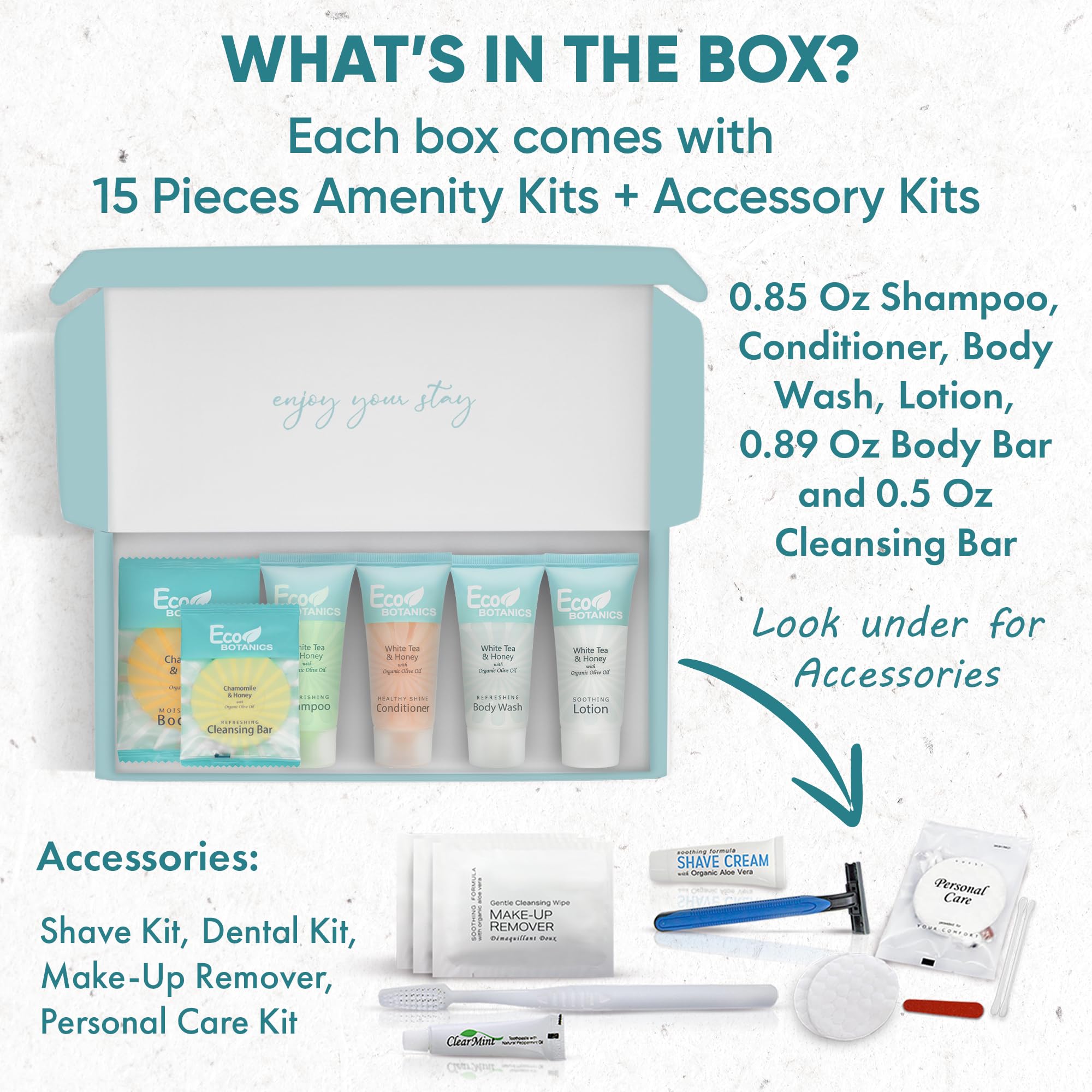 Eco Botanics Travel Amenity Kit - 15 Sets per Case | 0.85 oz Shampoo, Conditioner, Body Wash, Lotion, Soap Bar, Makeup Wipes & Dental Kit | Perfect for Hotels, Airlines, Spas & Luxury Travel Toiletries