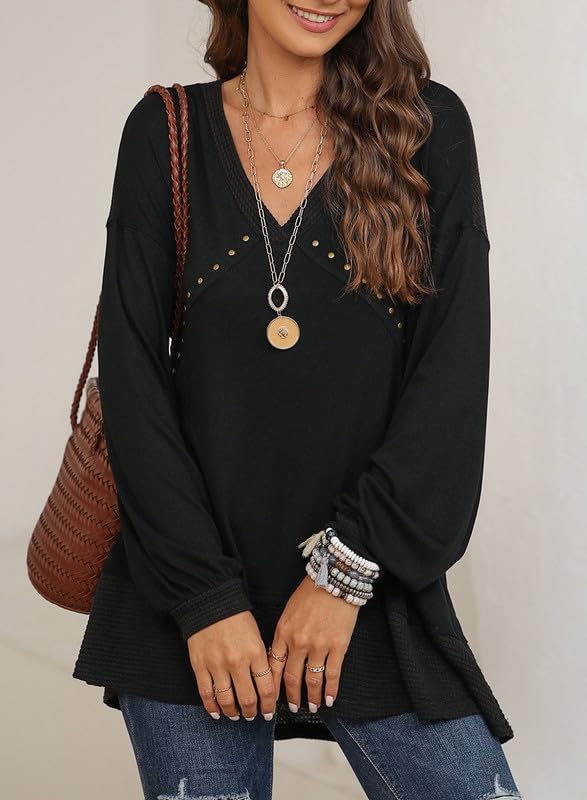 Dokotoo Women's Waffle Knit V-Neck Blouse with Ruffle Sleeves & Stud Rivet Details - Casual Tops for Work, Date Night & Fall Layering