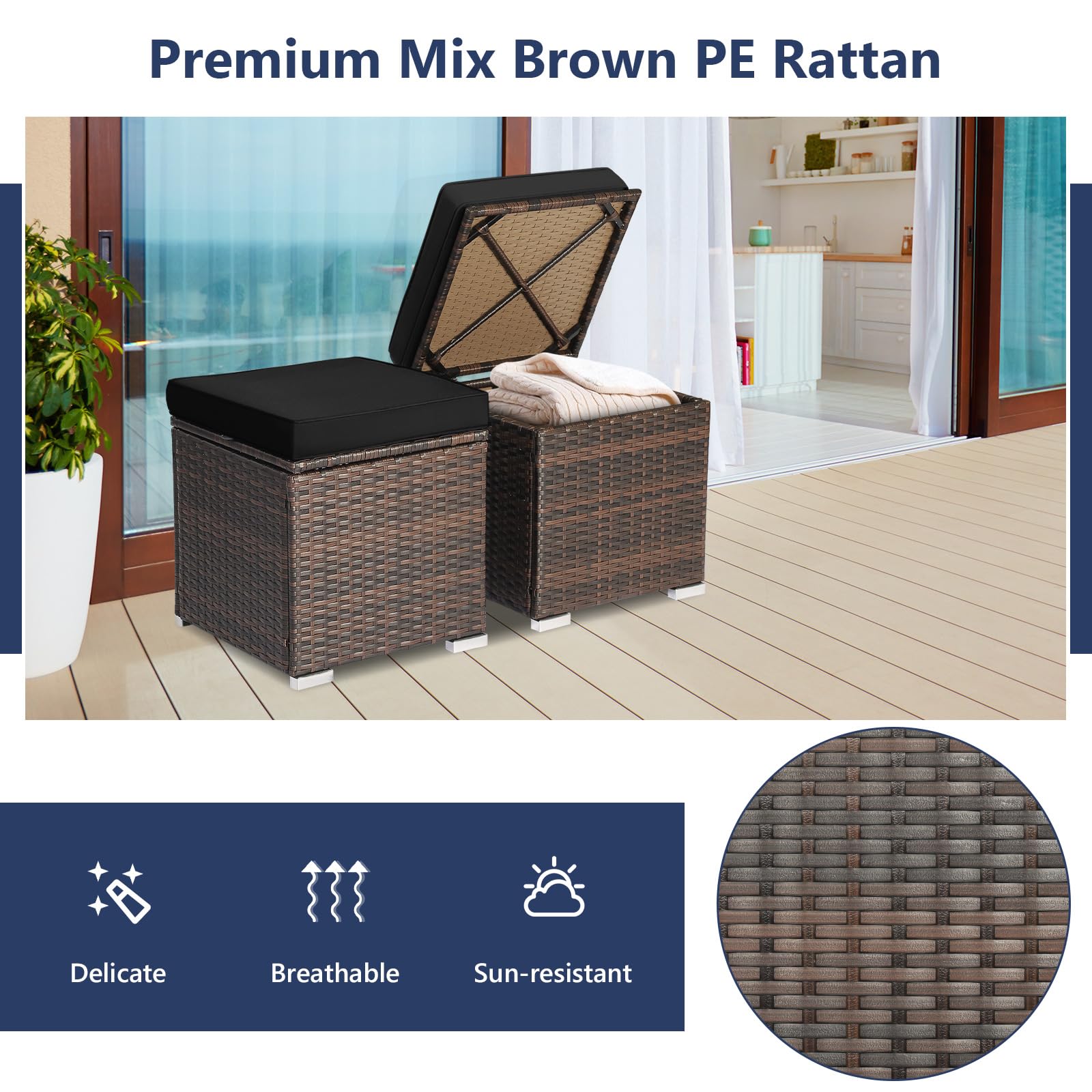 Tangkula 2-Piece PE Rattan Patio Ottoman Set with Removable Cushion & Hidden Storage - Multifunctional Side Table/Seat for Outdoor Living, Backyard, Poolside & Garden (Black) - Perfect for Relaxing, Entertaining & Stylish Storage Solutions