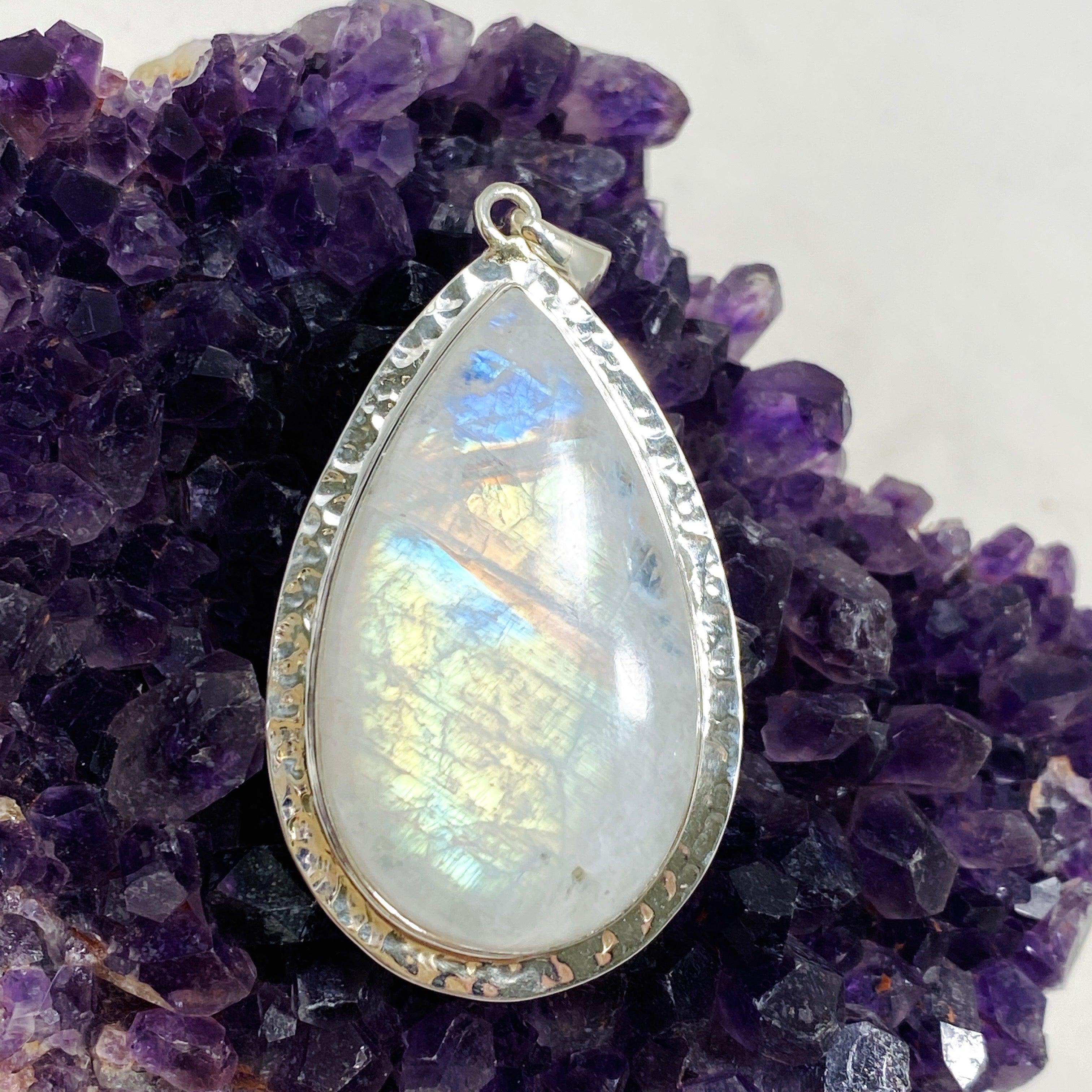 Moonstone Teardrop Pendant Necklace with Hammered Silver Detailing - Elegant Boho Jewelry for Women, Perfect for Weddings & Special Occasions | KPGJ4251