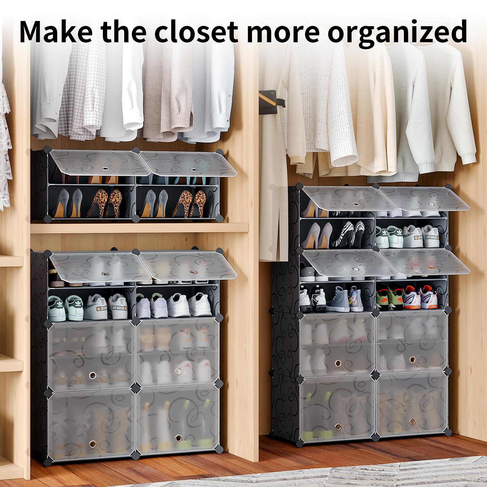 MAGINELS 48-Pair Shoe Storage Organizer Cabinet with Door - Large DIY Plastic Detachable Shoe Rack for Entryway, Bedroom, Closet - Space Saving Shoe Shelf for Men, Women & Kids (Black) | Perfect for Small Spaces & Shoe Organization