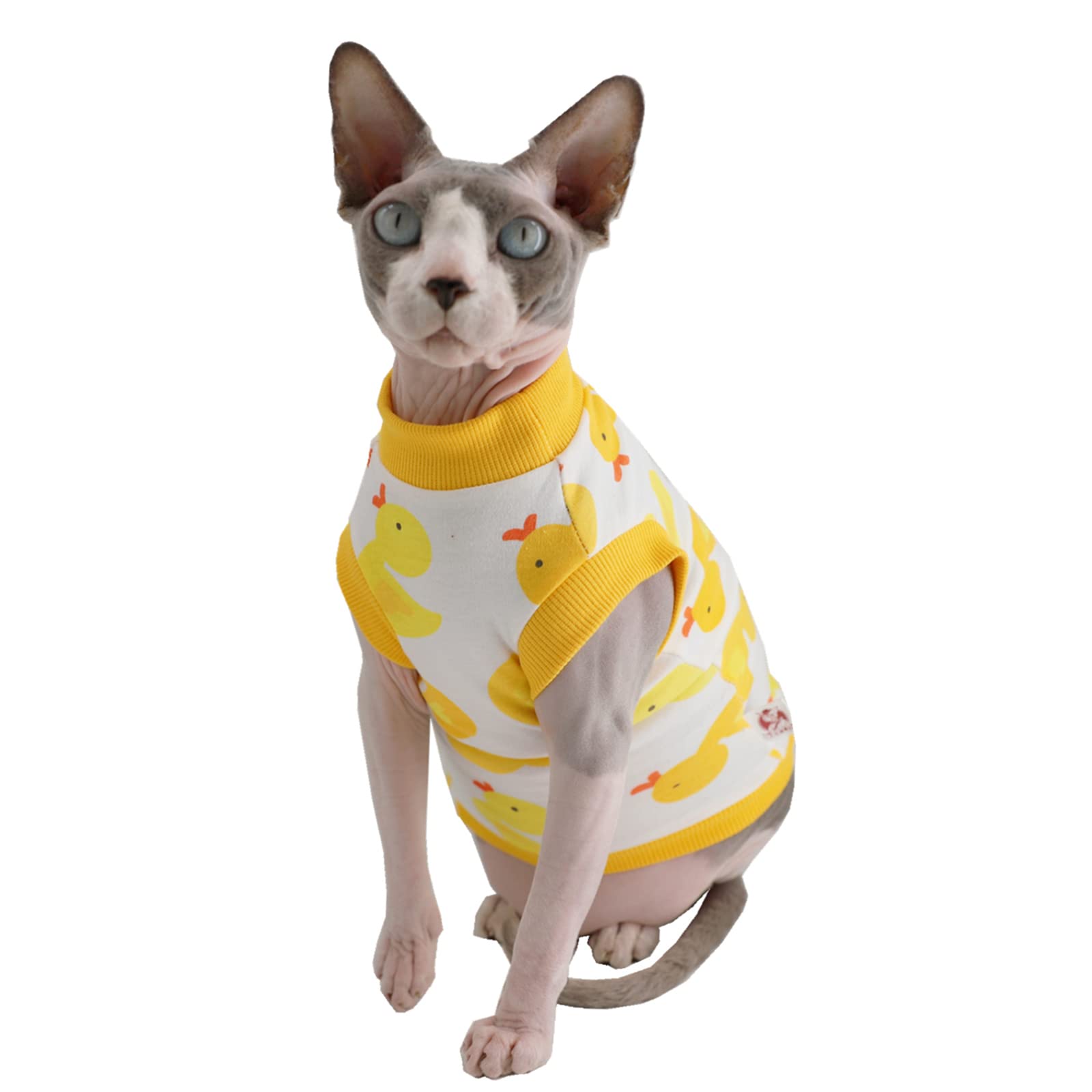 Breathable Sphynx Hairless Cat Summer Cotton T-Shirt - Round Neck Sleeveless Vest for Cats & Small Dogs (XX-Large, Yellow Ducks) | Perfect for Outdoor Adventures & Photo Shoots