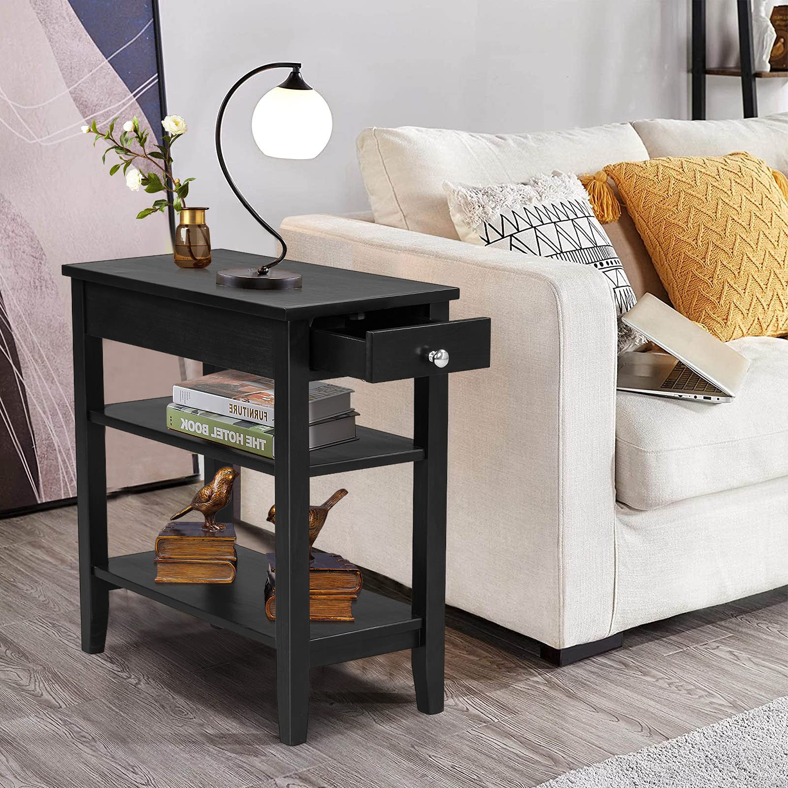 Giantex Set of 2 Narrow End Tables with Drawer & 2-Tier Open Shelves - Slim Nightstand for Bedroom, Living Room | Space-Saving Side Table for Small Spaces, Apartment, Dorm (Black)