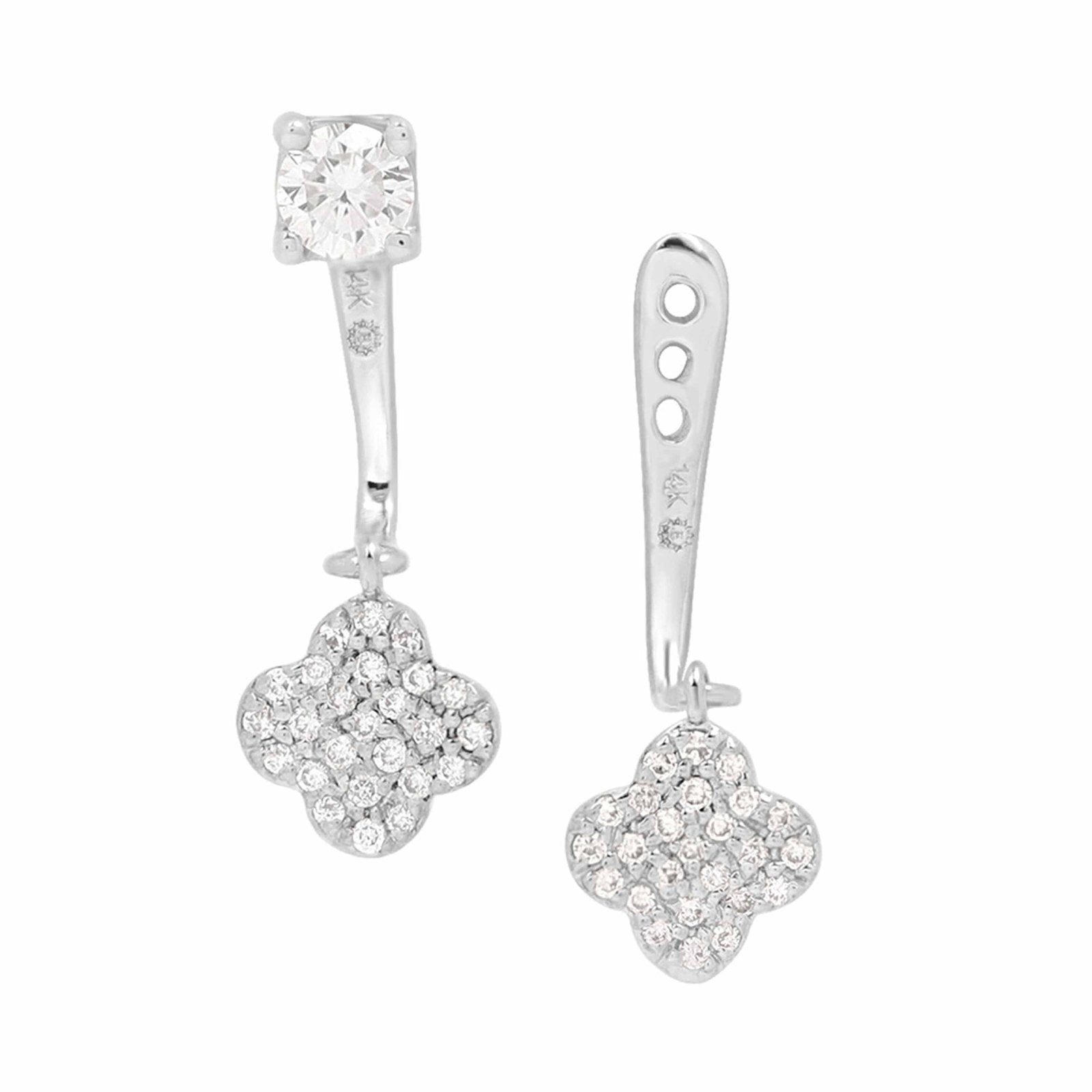 14k White Gold Pave Diamond Clover Ear Jacket & Stud Earrings Set - Elegant Dangle & Stud Combo for Women's Everyday Wear & Special Occasions