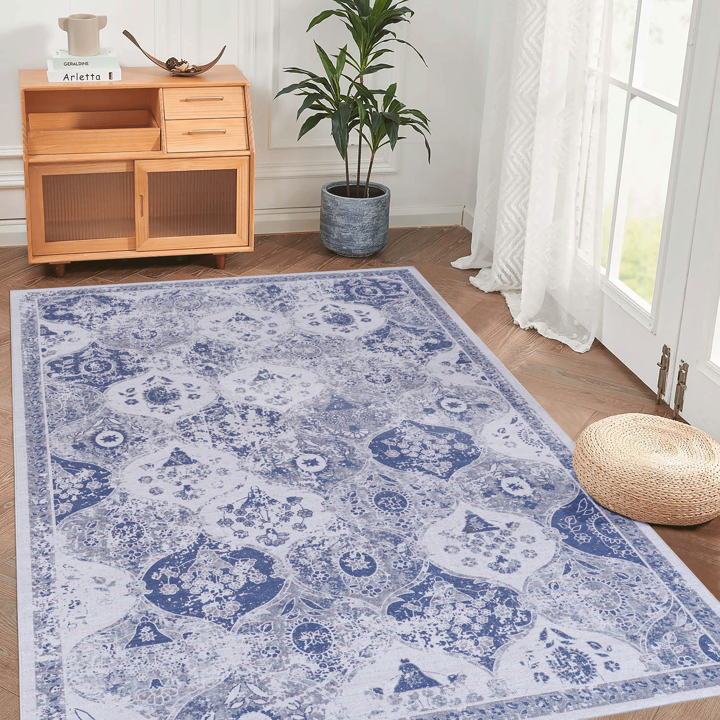 DTY Signature 6x9 Feet Blue Washable Area Rug - Low Pile Non-Slip Non-Shedding Foldable - Kid & Pet Friendly Living Room Bedroom Kitchen Rug - Perfect for Home Decor, Dorm, Office & High Traffic Areas (Blue, 6' x 9')