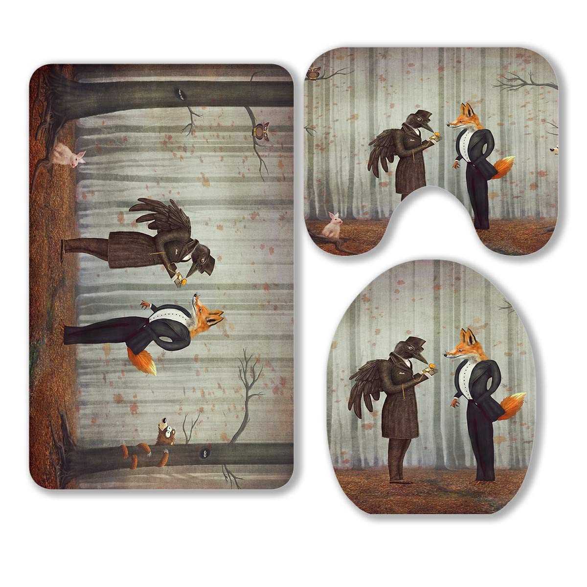 Raven Fox Dark Forest 3-Piece Bathroom Rug Set - Non-Slip Bath Mat, Contour Mat & Toilet Lid Cover - Water Absorbent for Bathroom, Shower, Vanity Area - Fox Theme Home Decor for Kids & Adults