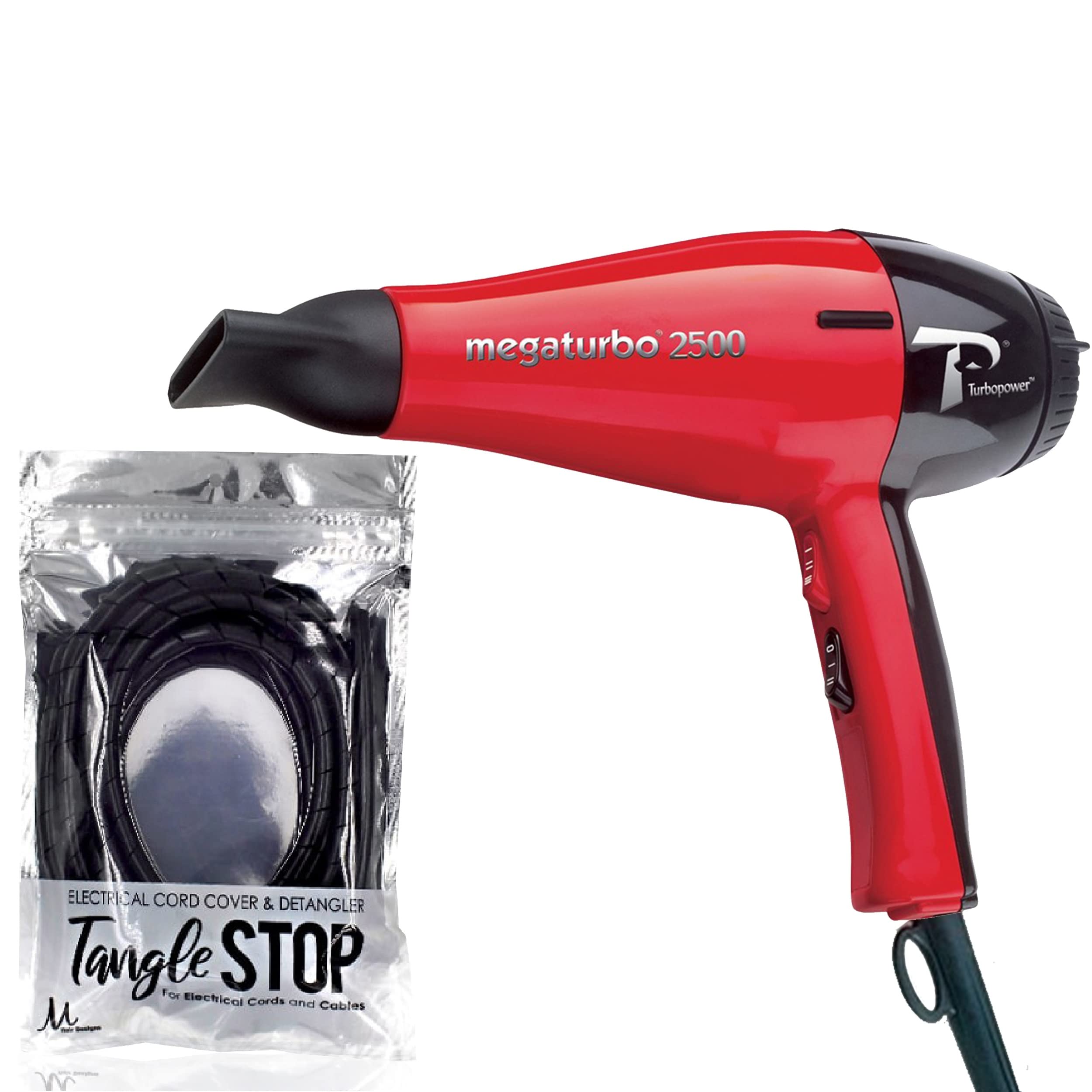 Turbo Power Megaturbo 2500 Professional Hair Dryer with Ionic Technology & M Hair Designs Tangle Stop Cord Detangler - 2-in-1 Hair Care Bundle for Salon-Quality Styling at Home - Perfect for Daily Use, Travel, and Professional Stylists