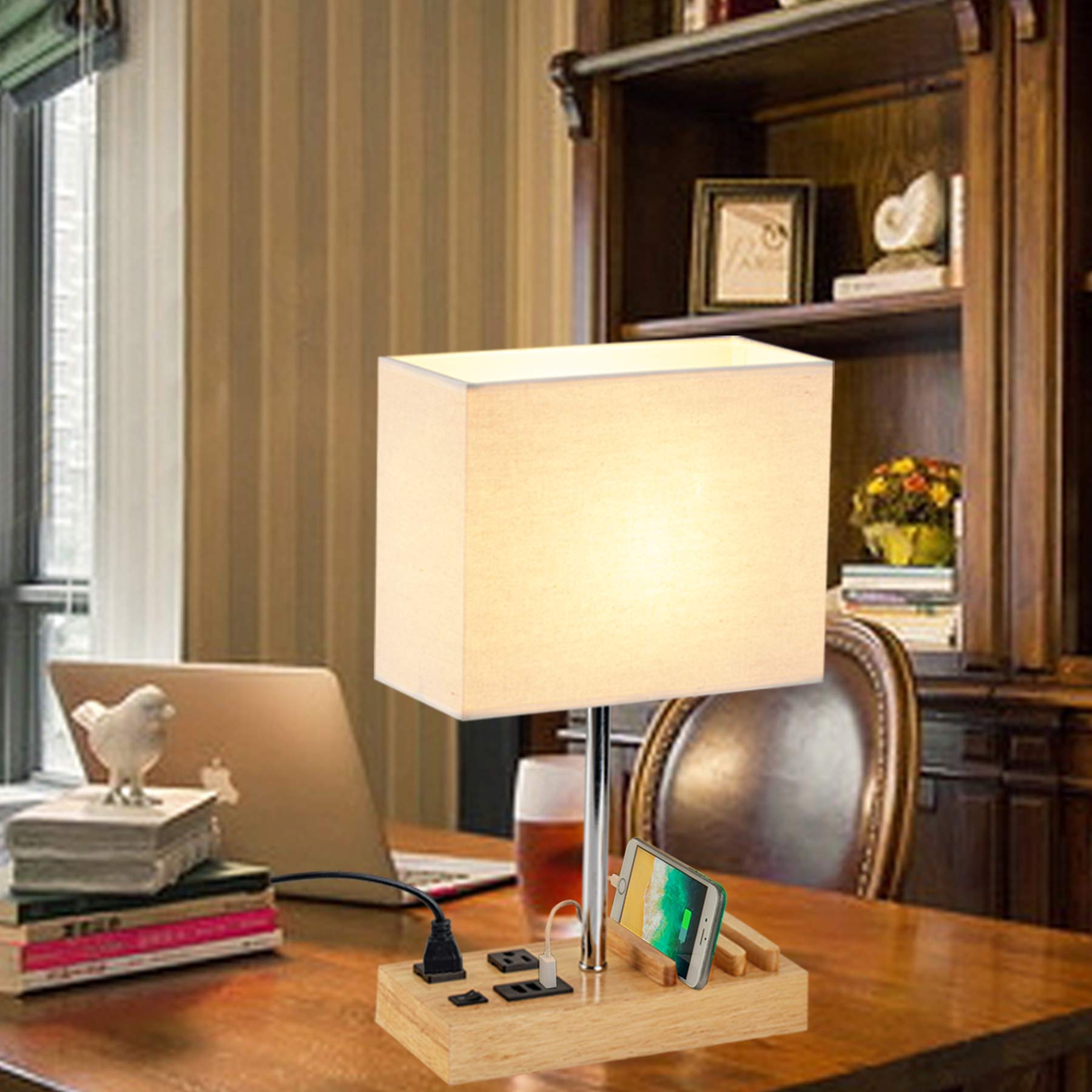 Dreamholder Modern Desk Lamp with 3 USB Ports & 2 AC Outlets - Wooden Base Table Lamp with Phone Stands & Cream Linen Shade - Perfect for Home Office, Bedroom Nightstand, and Study Room Lighting