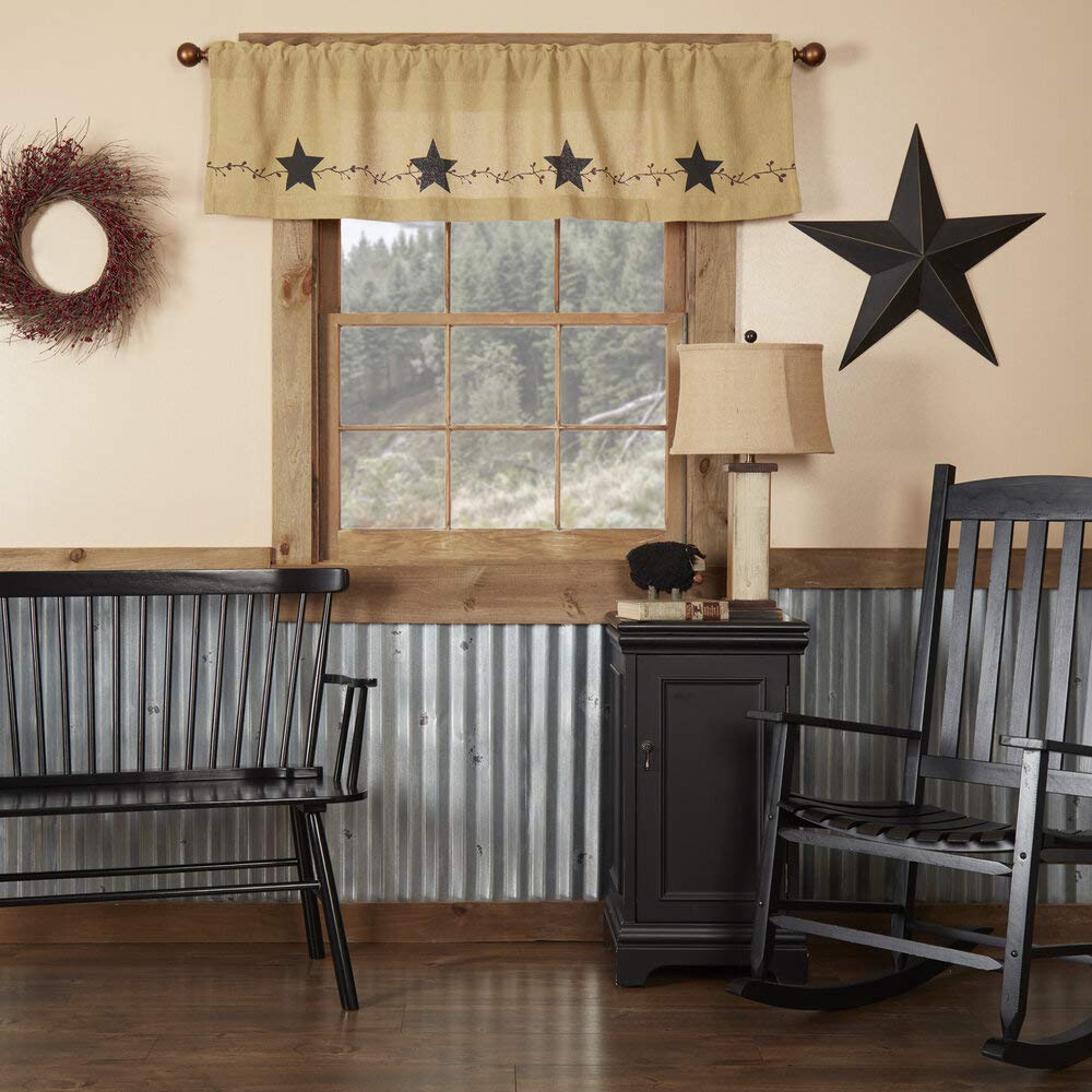 Farmhouse Style Pip and Star Stenciled Cotton Kitchen Curtains - Primitive Rod Pocket Valance (16x60 Inches) - Rustic Farmhouse Decor for Windows, Country Kitchen, Cabin or Cottage
