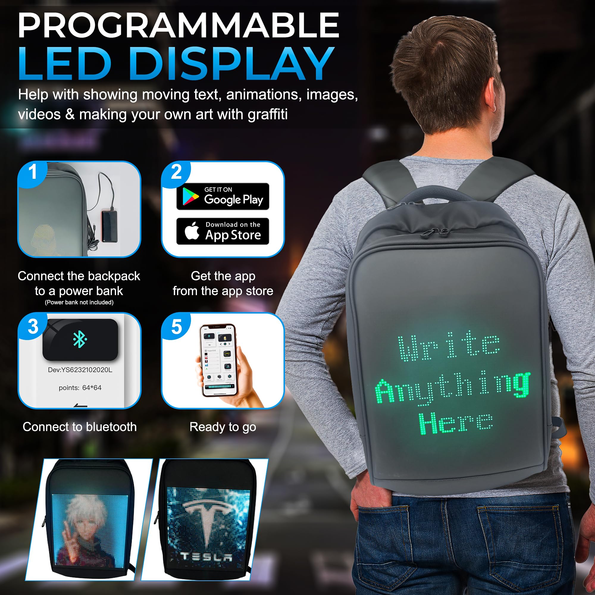 Programmable LED Backpack with Digital Screen - Waterproof Motorcycle & Travel Laptop Backpack for Men & Women - USB Charging Port, Large Capacity - Perfect for Commuting, Cycling, Rave Parties & Night Running