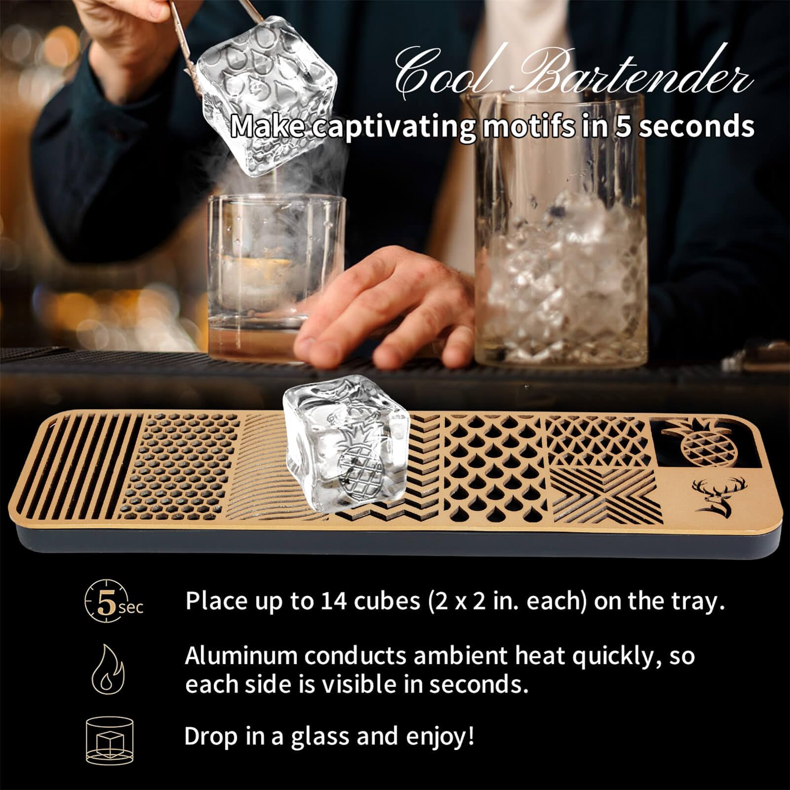Clear Ice Stamp Tray - Custom Ice Cube Stamp for Cocktails & Whiskey | 5-Second Craft Ice Molds | Bartender Accessories for Bourbon & Clear Ice Cocktails | Perfect for Home Bars, Parties & Mixology Enthusiasts
