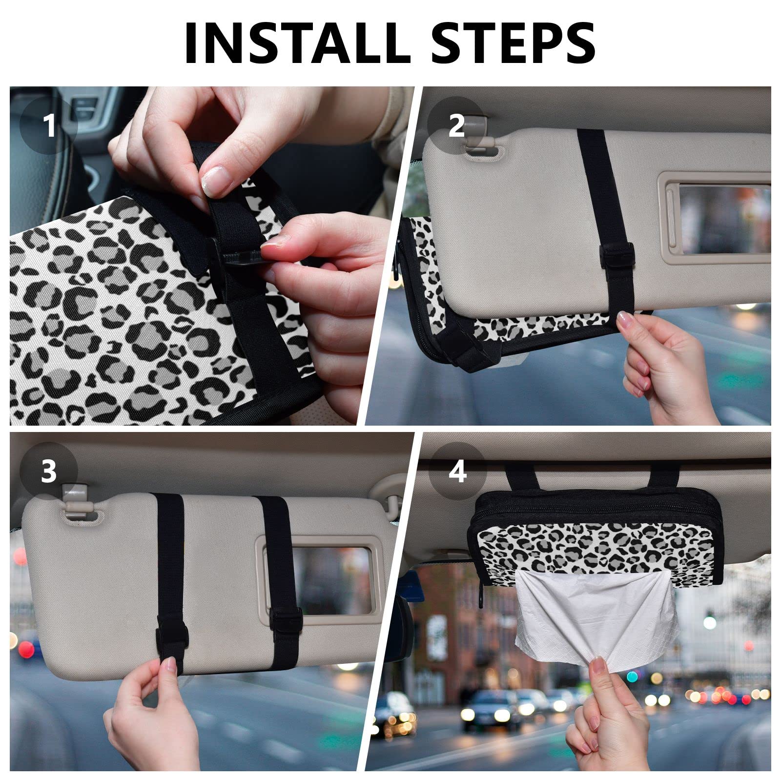 Silver Snow Leopard Car Tissue Holder for Sun Visor - Adjustable Wipe Dispenser with Zipper for Headrest & Armrest - Premium Automotive Accessories | Perfect for Road Trips, Commuting & Family Travel