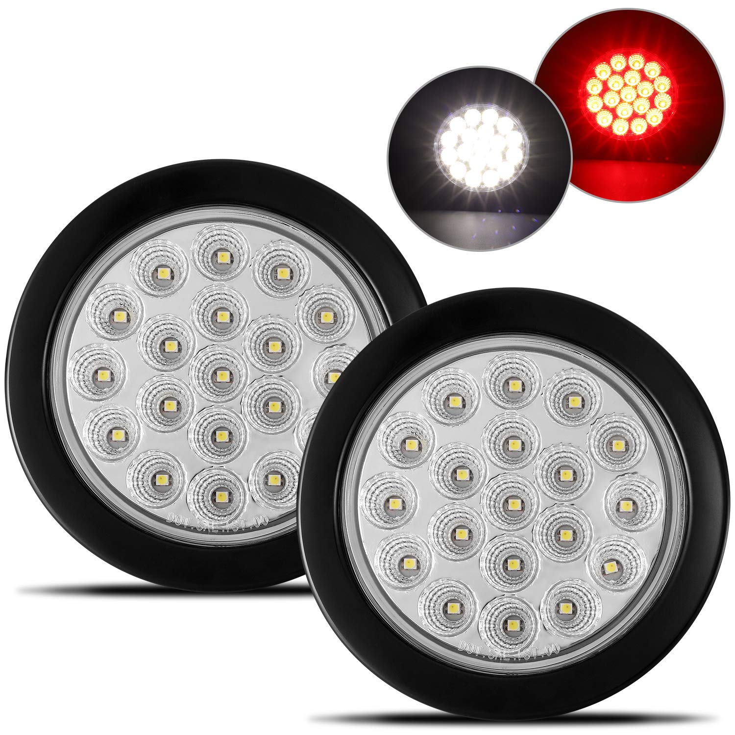 Partsam 2Pcs 4 Inch Round Red LED Stop Turn Tail Lights & White Backup Lights Kit - 19 Diodes with Rubber Grommets & 3-Prong Wire Pigtails - Waterproof LED Truck Trailer Lights for Heavy Duty Vehicles, RVs, Boats & Trailers - Perfect for Replacement & Custom Builds