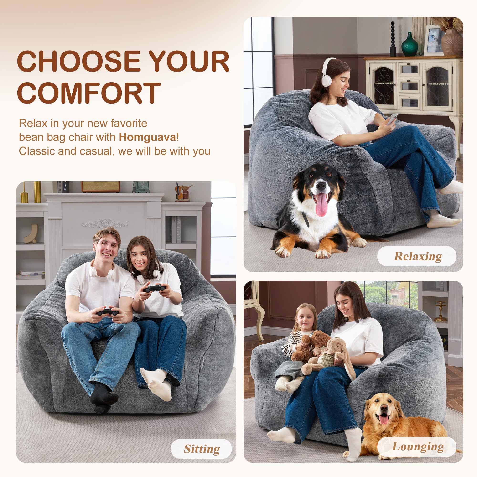 Homguava Oversized Bean Bag Chair for Adults - Spacious Comfy Beanbag Sofa with Armrest & Filler, Giant Lounger for Living Room, Bedroom, Game Room & Home Theater (Grey) - Perfect for Relaxing, Gaming & Movie Nights