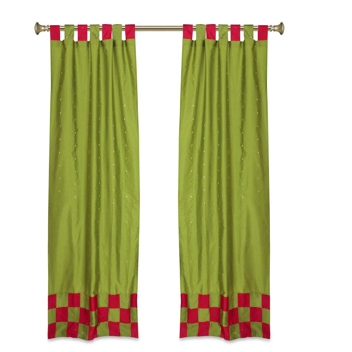 2 Lined Eclectic Olive Green Indian Check Sari Curtains Tab Top Drapes - 36 Inch Wide x 84 Inch Long - Perfect for Bohemian Home Decor, Window Treatments & Room Dividers