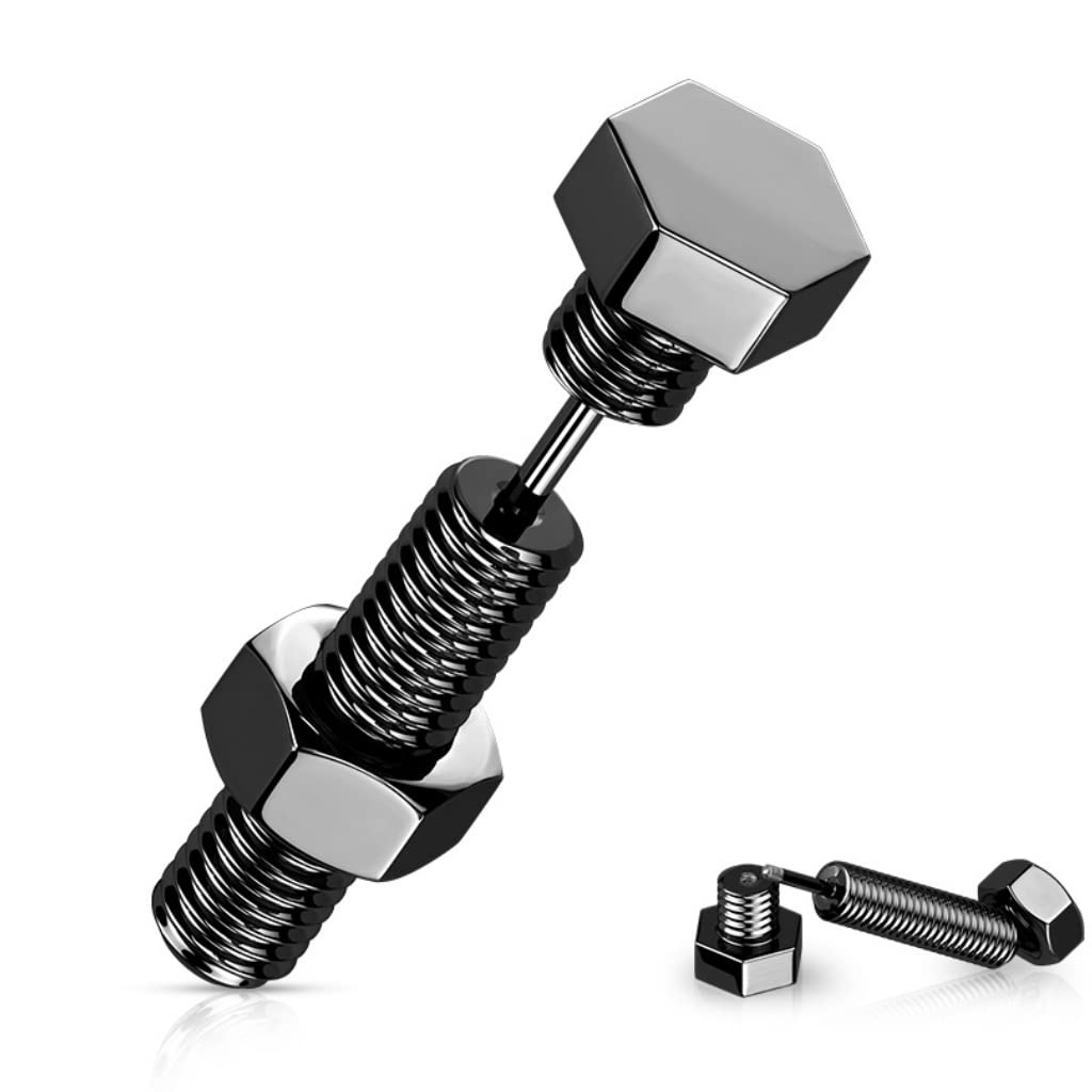 Hex Nut and Bolt Fake Plug Earrings - Cheater Gauges for Stretching Lobe Piercings | Punk Rock Gothic Jewelry for Men & Women | Perfect for Concerts, Parties and Alternative Fashion