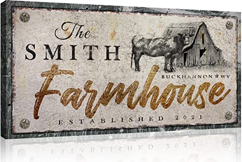 Personalized Rustic Canvas - Cow and Barn with Dark Grey Border