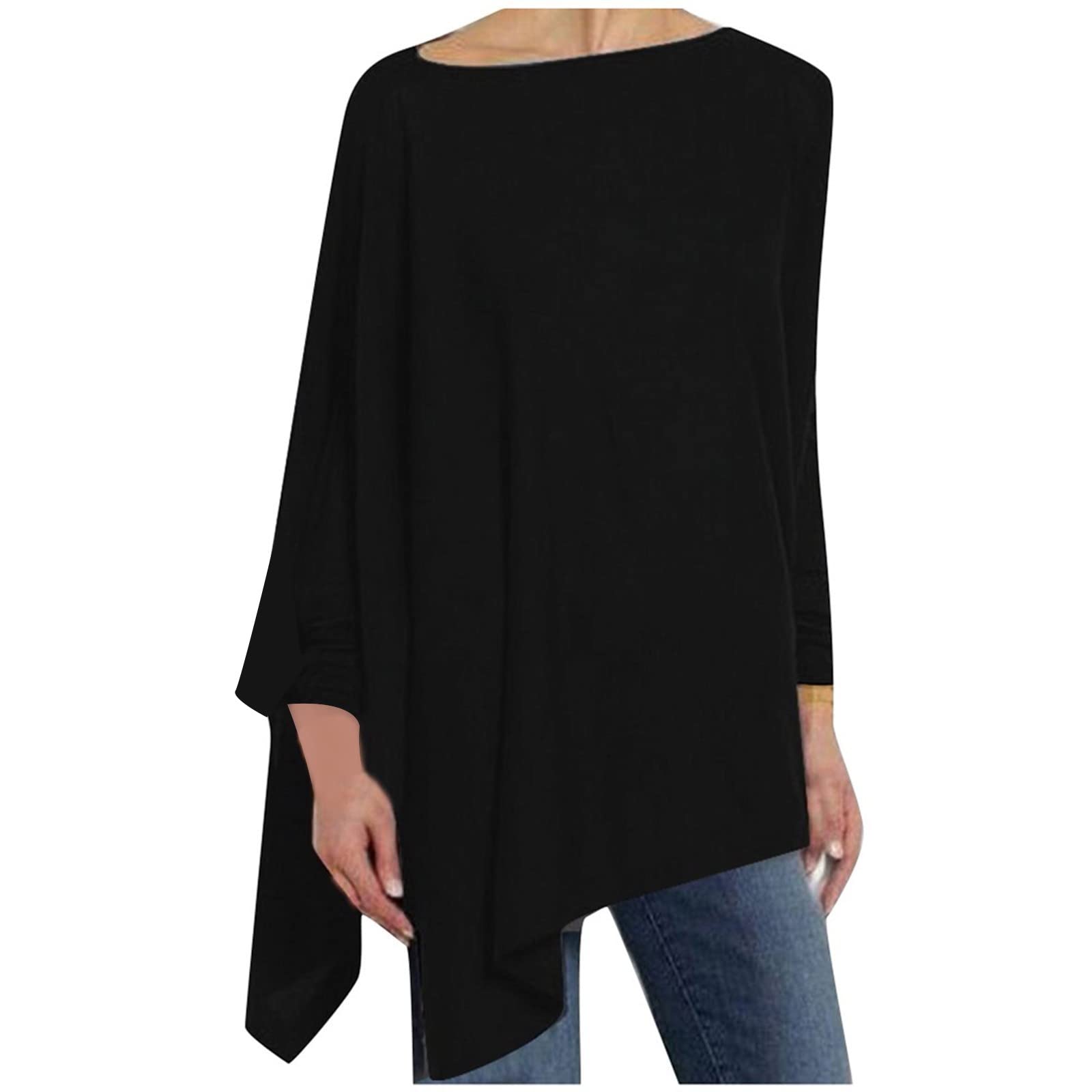 HRAPDA Women's Plus Size Casual Long Sleeve Round Neck Split Loose Fit Blouse - Trendy Pullover T-Shirt for Work, Date Night & Everyday Wear | Solid Color Going Out Top