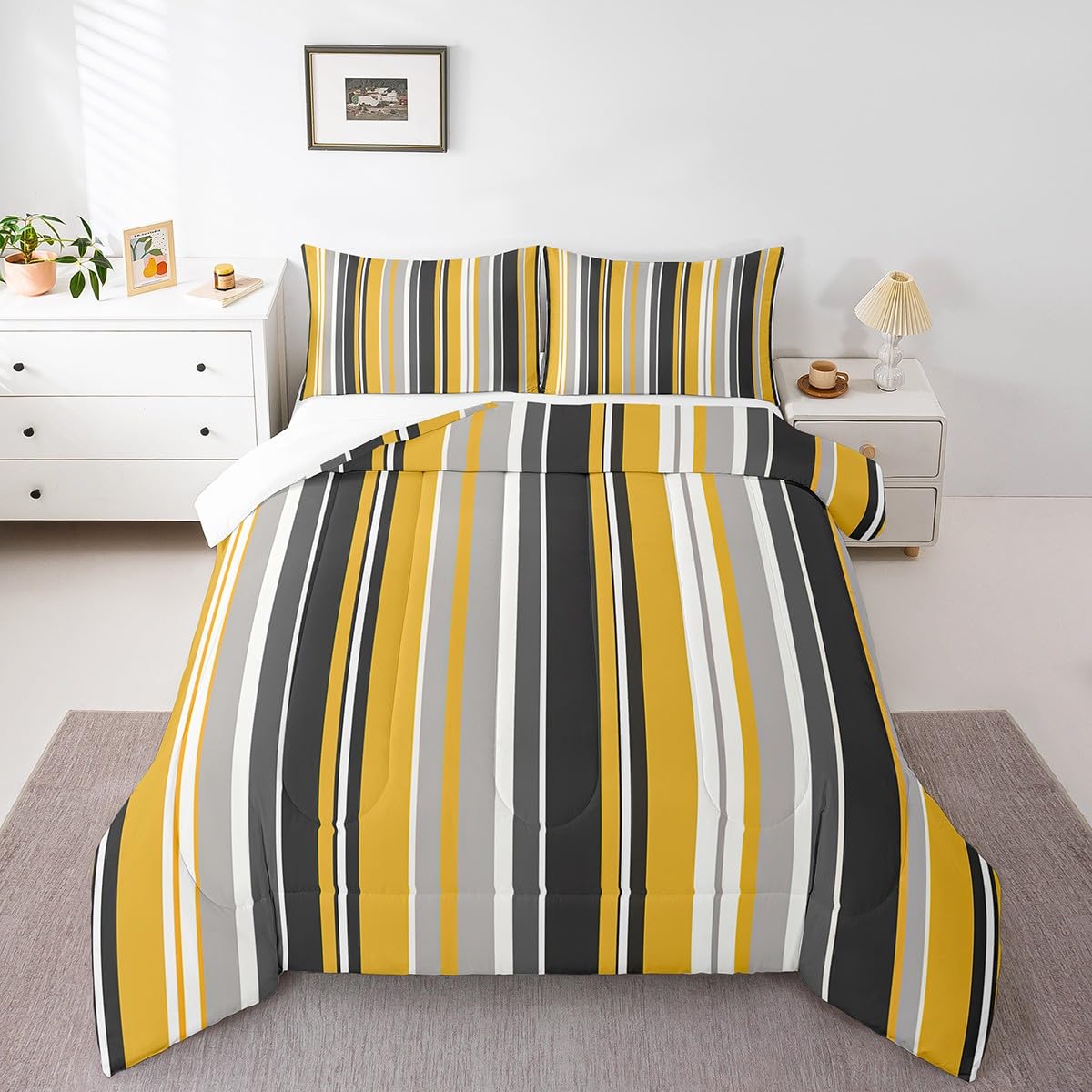 Modern Stripes Comforter Set Queen - Yellow & Gray Bedding for Boys & Kids Room - Lightweight Soft Warm Comforter with 2 Pillowcases - Perfect for Teen Bedroom, Dorm Decor & Cozy Home Fashion