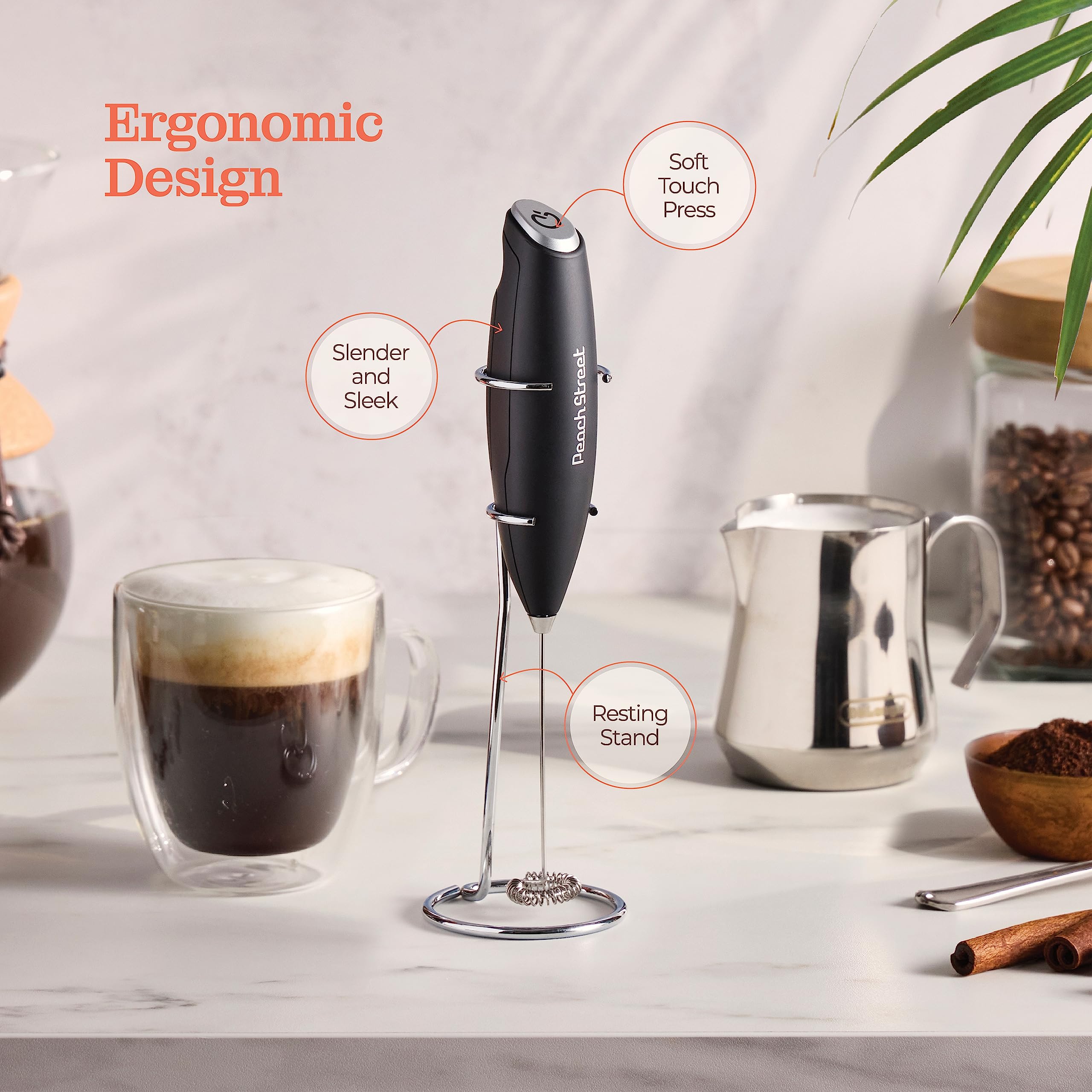 Premium Handheld Milk Frother - Battery Operated Stainless Steel Drink Mixer for Coffee, Lattes, Cappuccino & Hot Chocolate | Mini Milk Frother Wand with Stand | Perfect for Home, Office & Cafe Use | Ideal Gift for Coffee Lovers