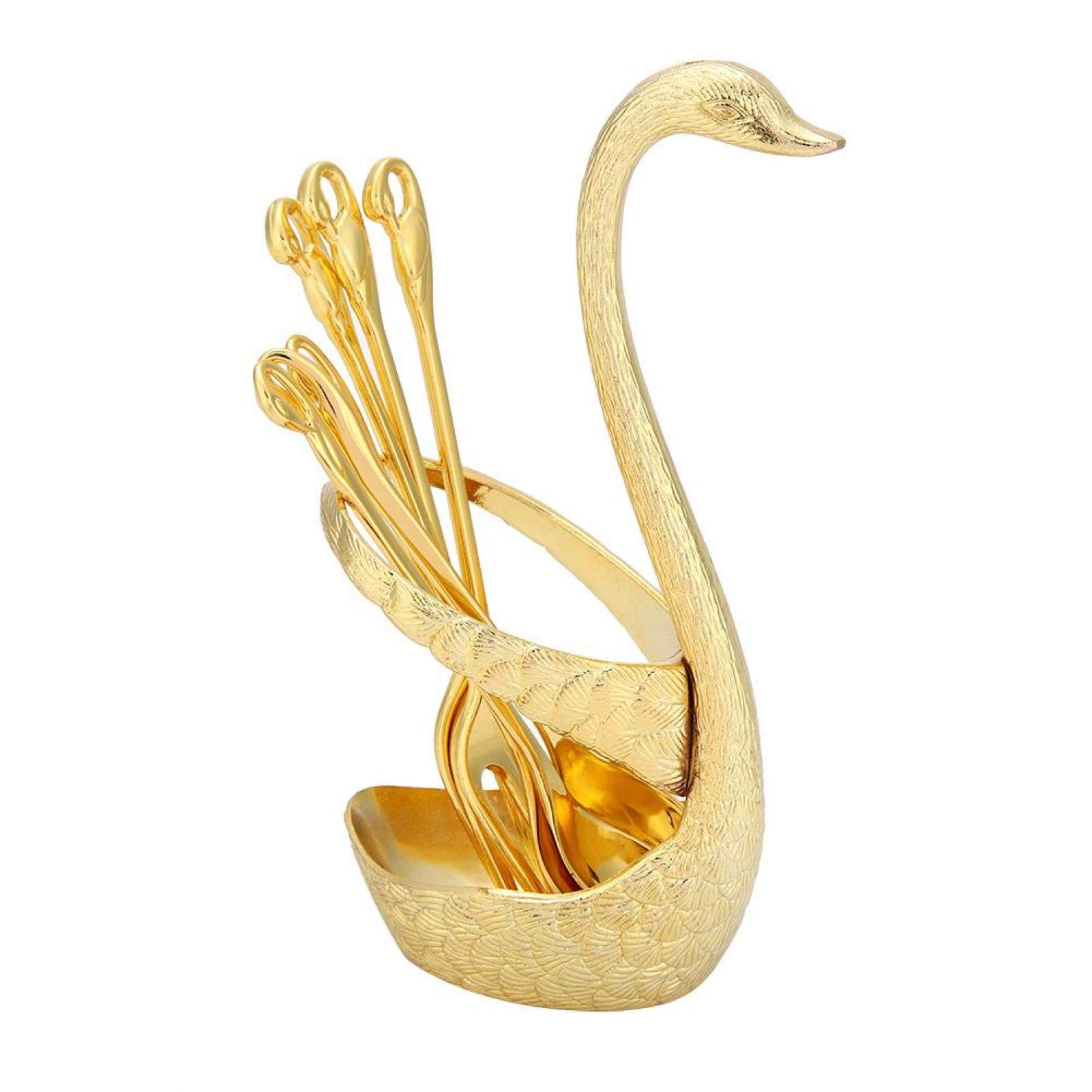 Elegant Swan-Shaped Metal Flatware Set - 3 Forks & 3 Spoons with Gold Holder for Coffee, Dessert, Dinner & Fruit | Stylish Tableware for Parties, Weddings & Home Decor