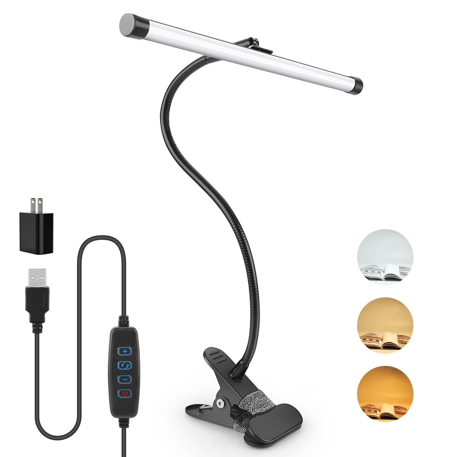 BEIGAON LED Desk Lamp with Clamp - 5W USB Clip Light with 3 Color Modes, Adjustable Gooseneck Reading Light for Bedside, Art Easel, Headboard, Studio, Office & Home Workspace - Black