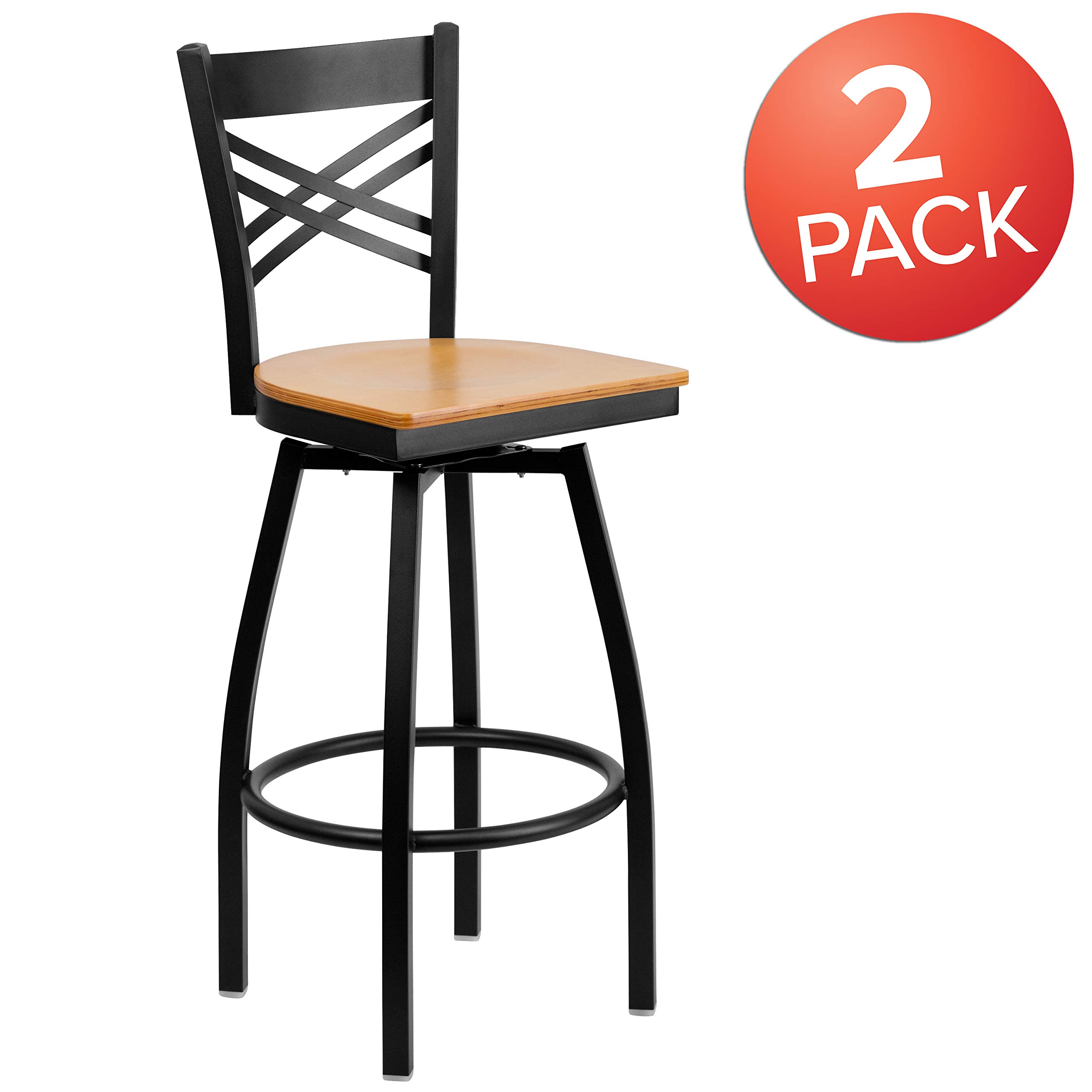 2 Pack Black X-Back Swivel Metal Bar Stools with Natural Wood Seat - Perfect for Kitchen Island, Dining Room, and Home Bar Decor