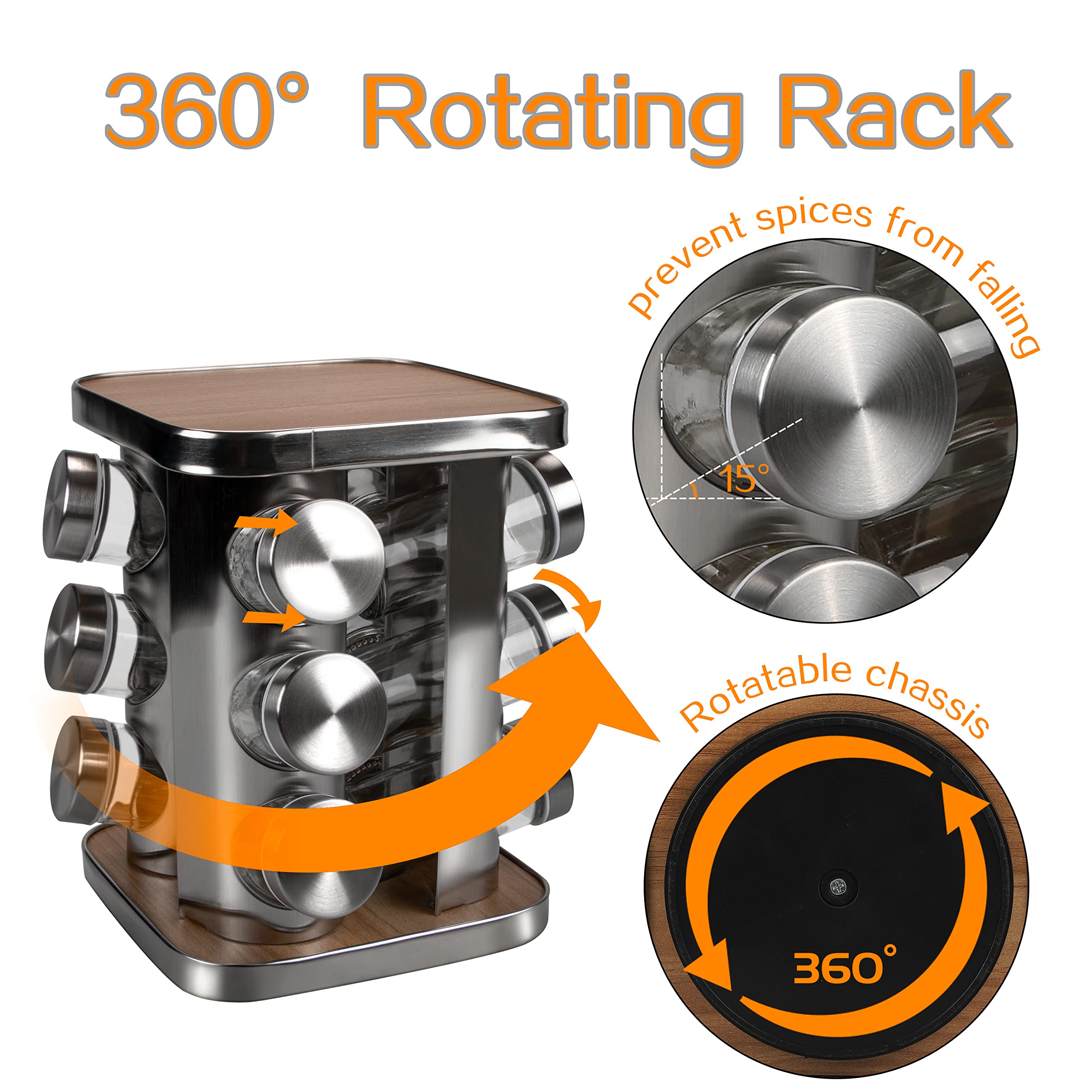Stainless Steel Rotating Spice Rack Organizer - 12 Jar Countertop Spice Carousel Tower for Kitchen, Cabinet & Pantry Storage - Perfect for Cooking, Baking & Organizing Spices