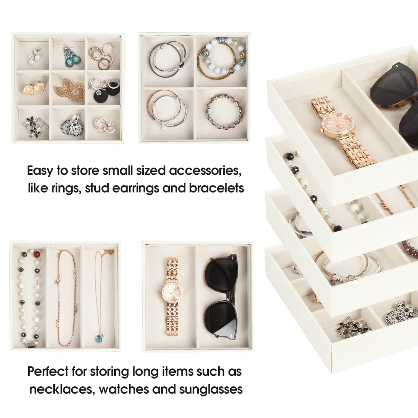 Stackable Jewelry Storage Trays for Drawer - Earring Ring Necklace Organizer - MK220-2ABCD - Perfect for Bedroom Dresser & Vanity