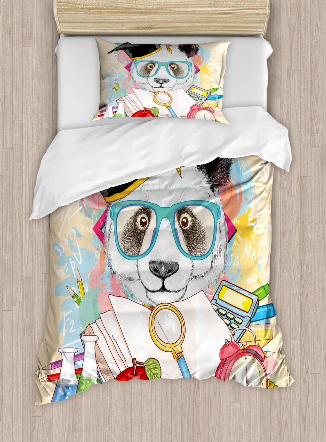 Ambesonne Panda Graphic Duvet Cover Set - 2 Pack Twin Size, Yellow & Teal, Includes 2 Duvet Covers & 2 Pillowcases - Fun Hipster Panda with Glasses Reading Books Design - Perfect for Kids' Rooms, Teen Bedrooms & Unique Home Decor