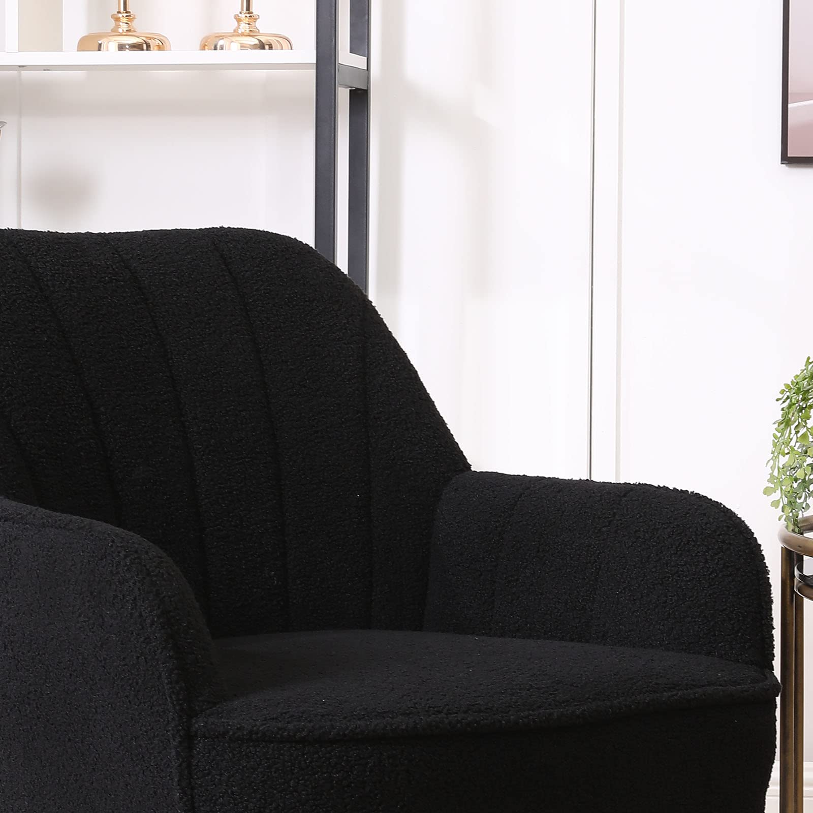 Modern Accent Chair Set of 2 - Plush Teddy Furry Upholstered Armchairs with Sherpa Fabric & Gold Metal Legs, Comfy Living Room Chairs for Reading Nook, Bedroom Seating or Home Office (Black) - Perfect for Cozy Lounging, Relaxation & Stylish Home Decor