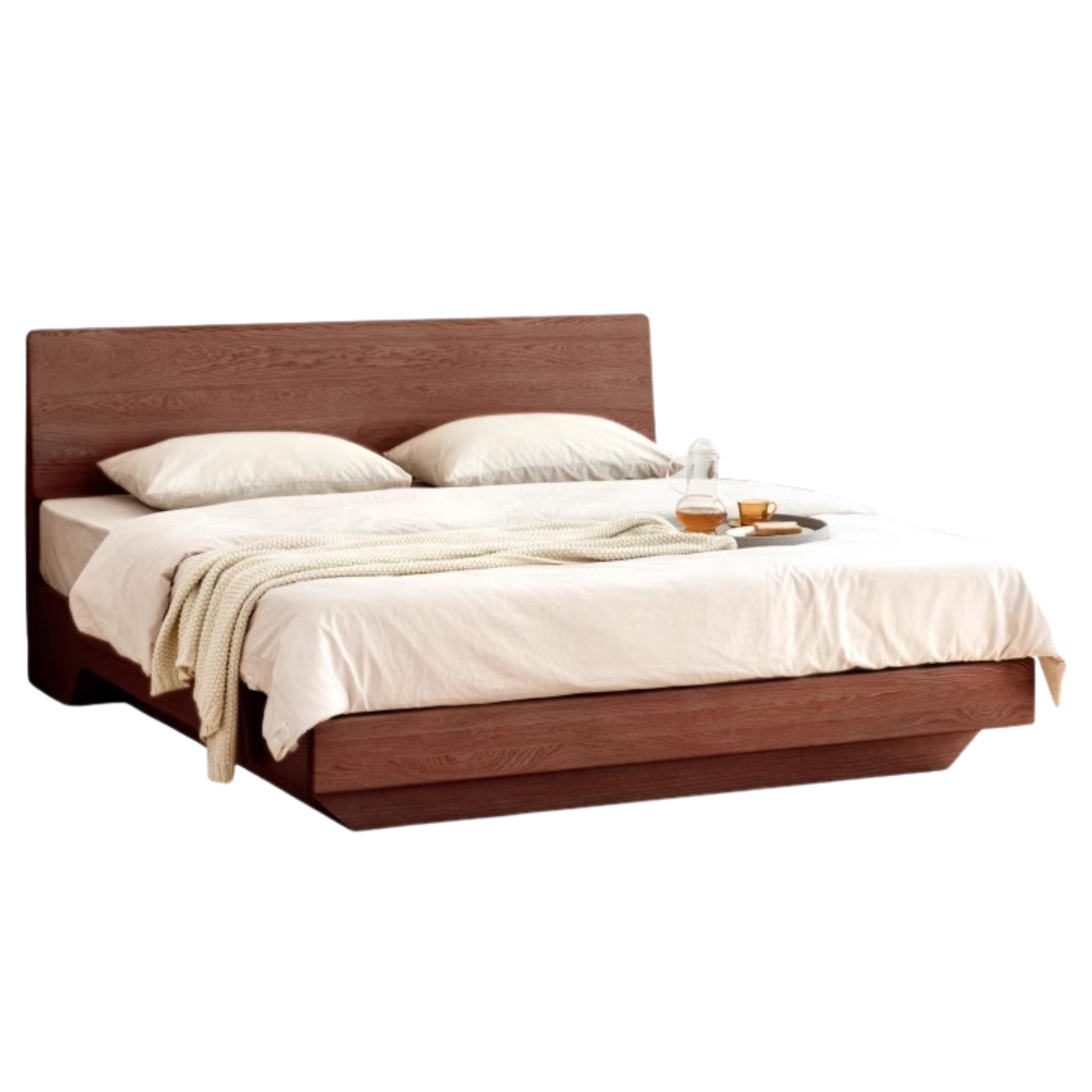 Solid Oak & Black Walnut Wood Floating Platform Bed with LED Lighting - Modern Bedroom Furniture for Contemporary Home Decor