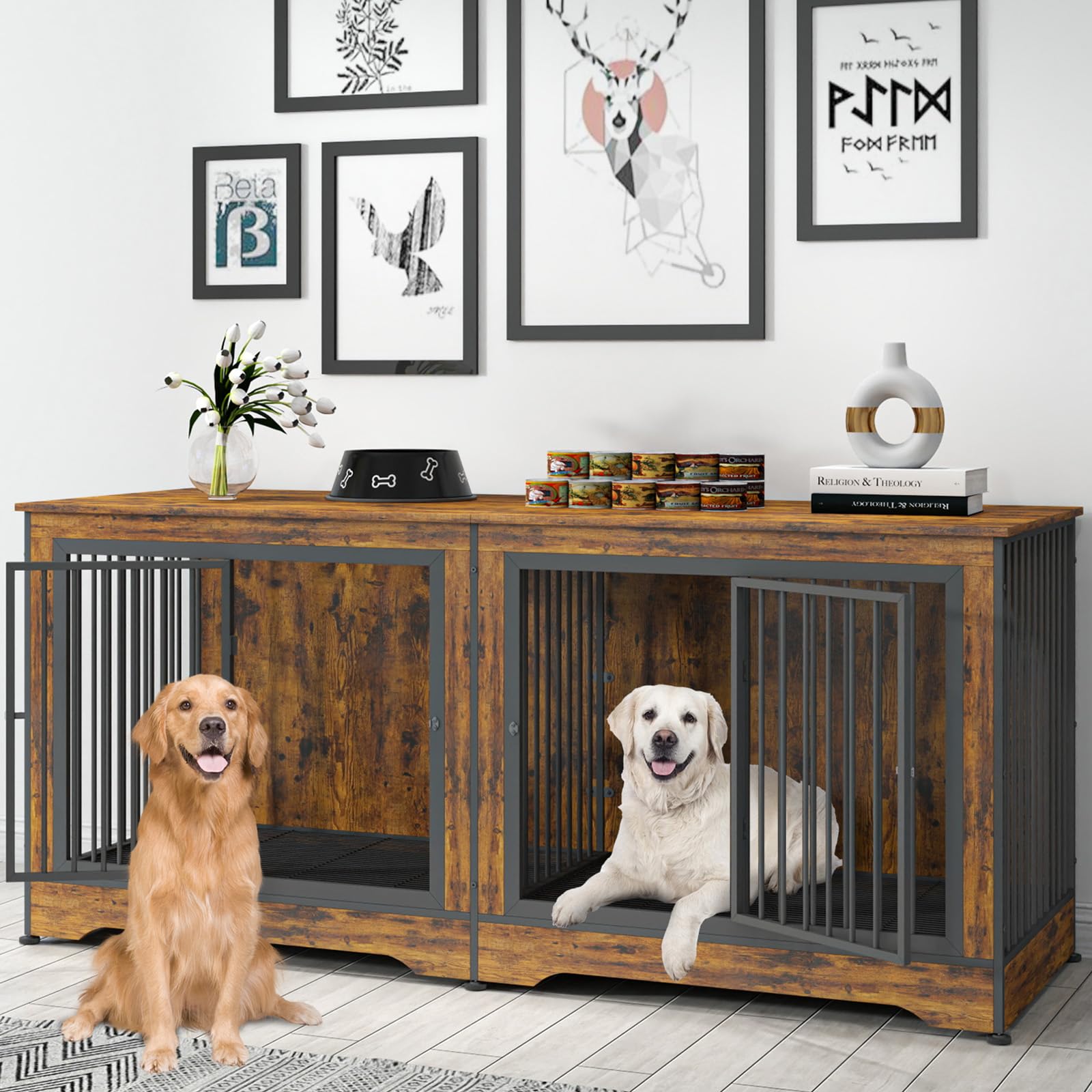 75 Inch 3-in-1 Double Dog Crate Furniture for 2 Large Dogs - Rustic Brown Durable TV Stand with Removable Trays & Divider - Perfect for Living Room, Bedroom or Home Office Pet Space
