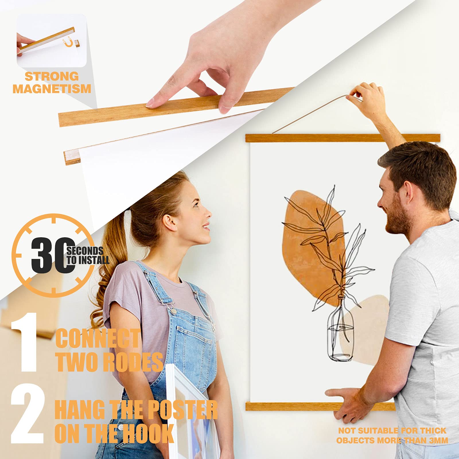 Ywlake Magnetic Poster Hanger - 33 Inch Teak Wood Frame for Posters, Maps & Canvas Art - Easy Wall Hanging Kit for Home, Office & Classroom Decor