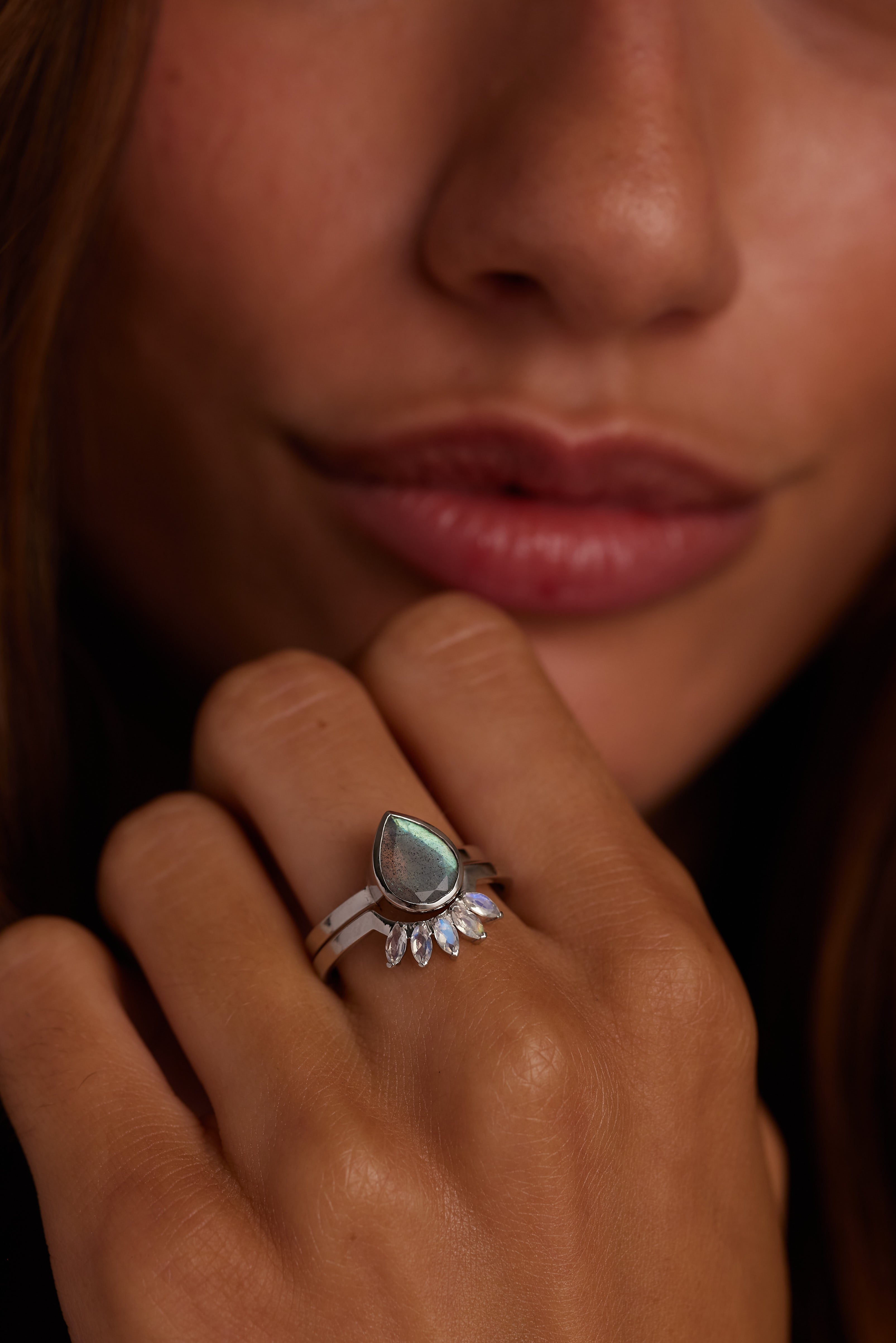 9K White Gold Double Stack Labradorite Halo Ring - Elegant Stackable Gemstone Jewelry for Women, Perfect for Weddings, Anniversaries & Special Occasions