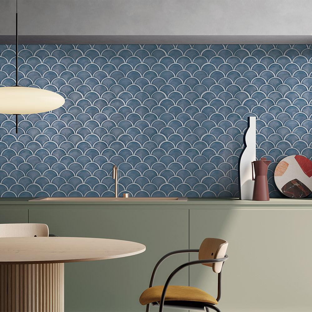 Marina Sea Blue Fish Scale Gloss Mosaic Tile - Stunning Glass Wall & Backsplash Tiles for Bathroom, Kitchen, and Pool Decor