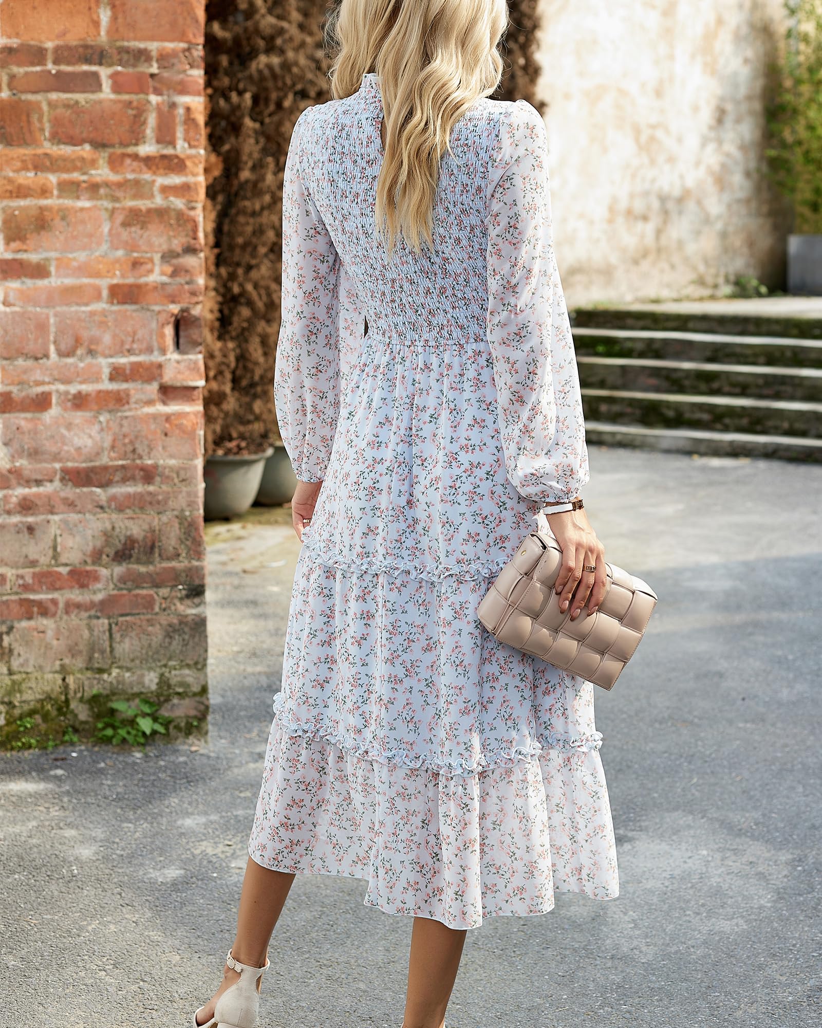 NOLLSOM Women's Floral Boho Maxi Dress Long Sleeve Crew Neck Ruffle A-Line Flowy Wedding Guest Dress for Spring 2025 | Casual Elegant Dress for Beach Vacation, Garden Party & Special Occasions