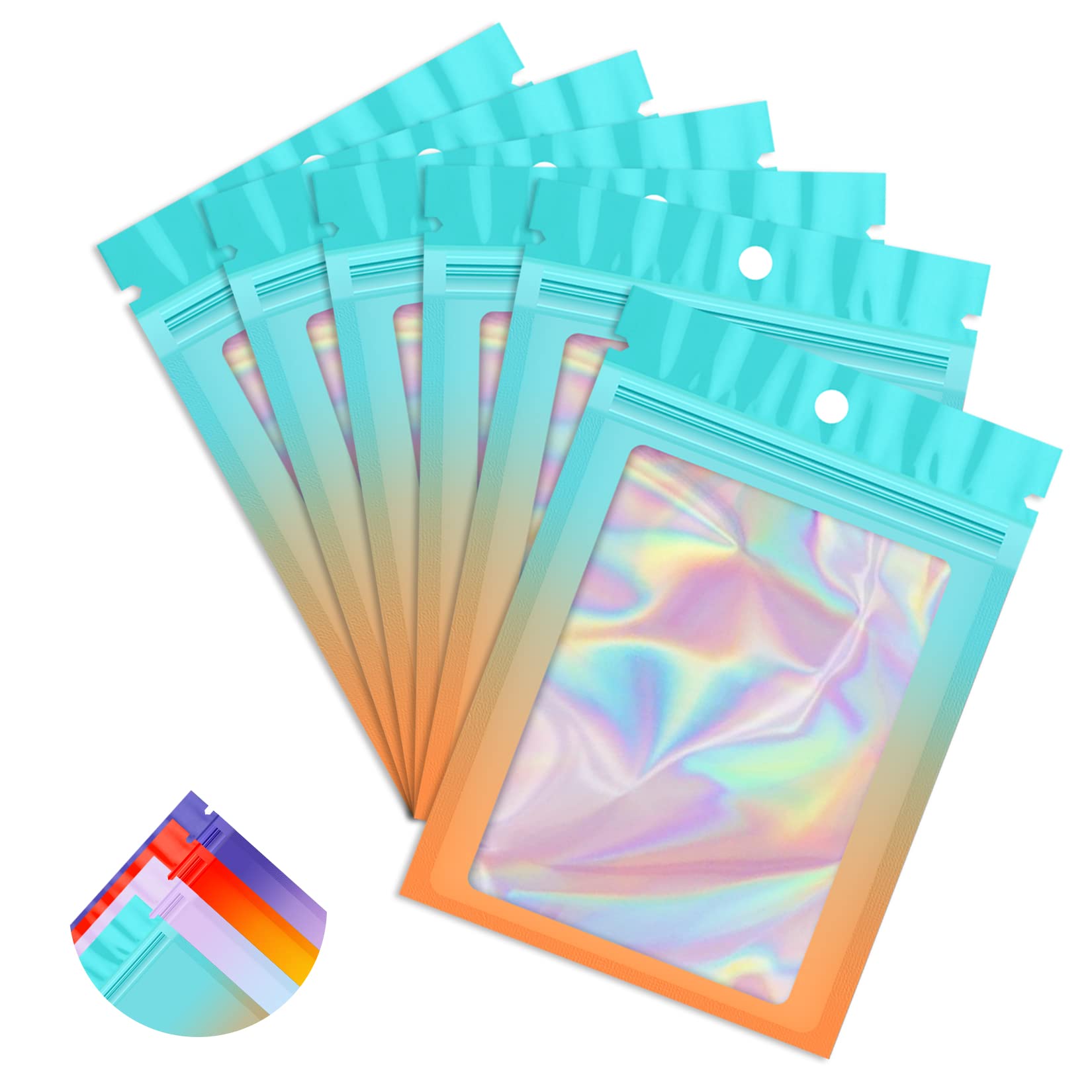 100 Pack Holographic Zipper Bags - 4.7×7in Smell Proof Resealable Pouches with Clear Window & Foil Seal | Food Storage, Jewelry, Business Supplies (Blue & Orange) | Perfect for Organizing Snacks, Beads & Office Accessories