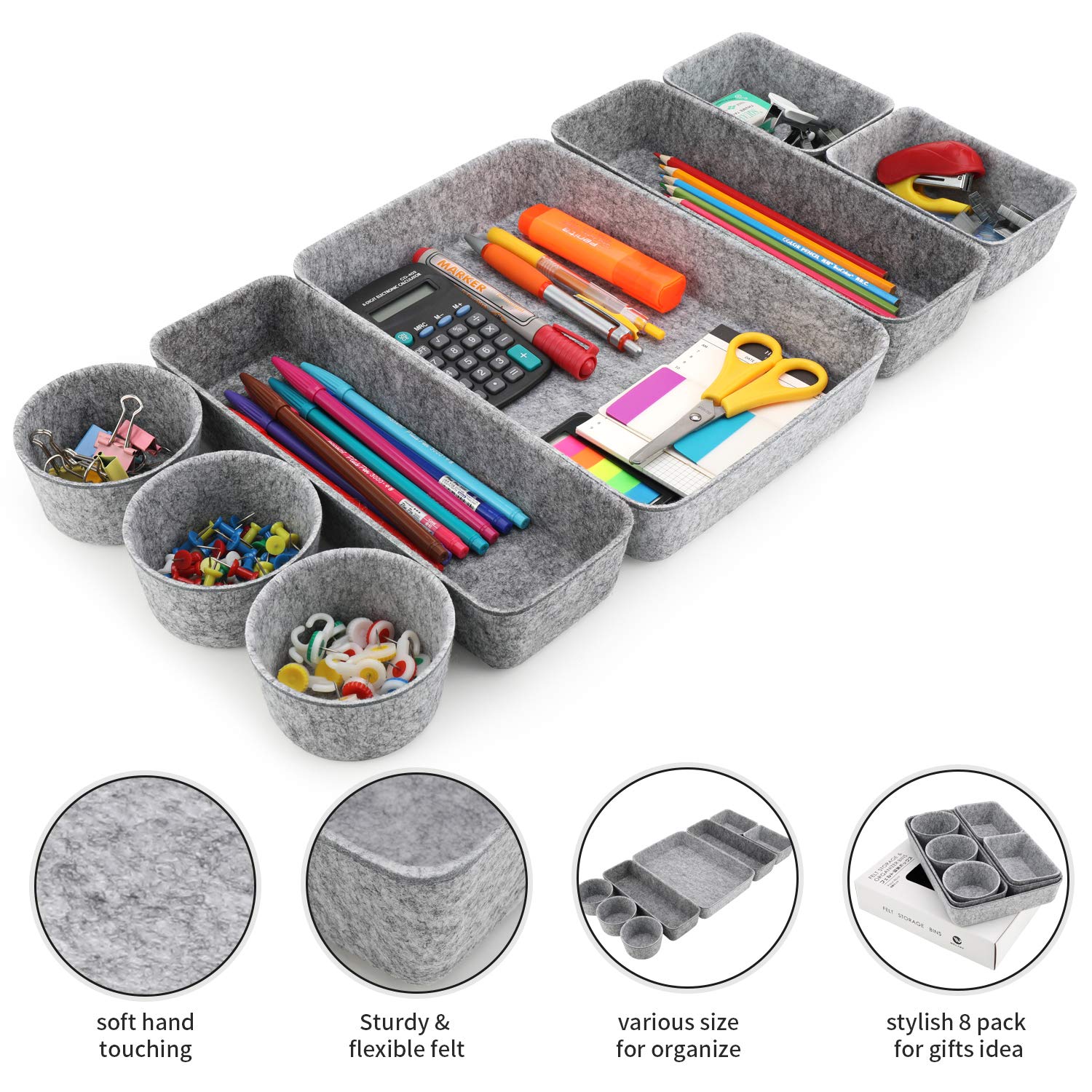 Welaxy 8-Piece Gray Felt Desk Drawer Organizer Trays - Shallow Dividers for Office Supplies, Jewelry, Watches - Multi-Purpose Storage Solution for Home & Office Organization