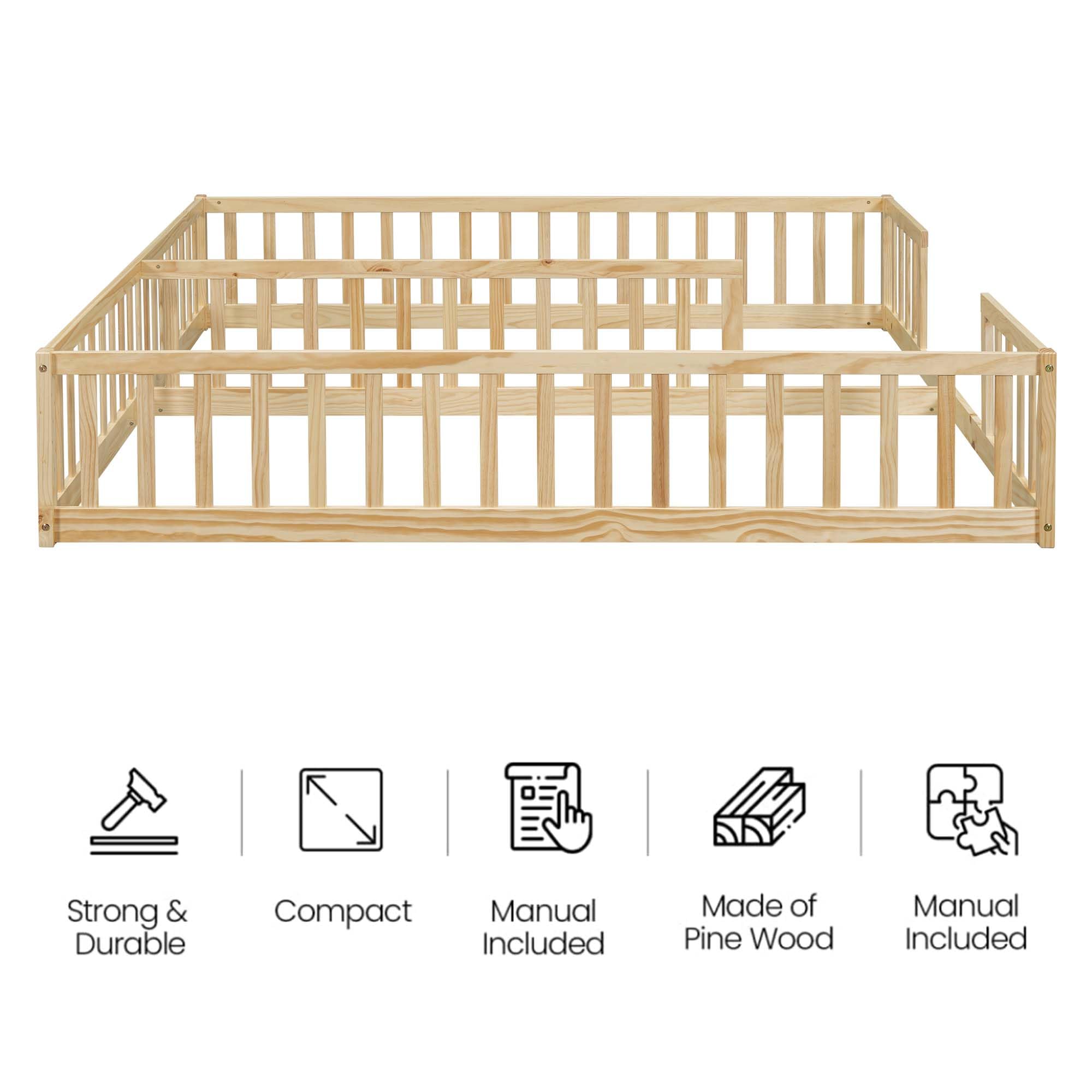 Montessori Floor Bed for 2 Kids - Wooden Twin Bed Frame with Safety Railings for Boys & Girls - Natural Solid Wood - Perfect for Shared Kids' Rooms & Montessori Learning Spaces