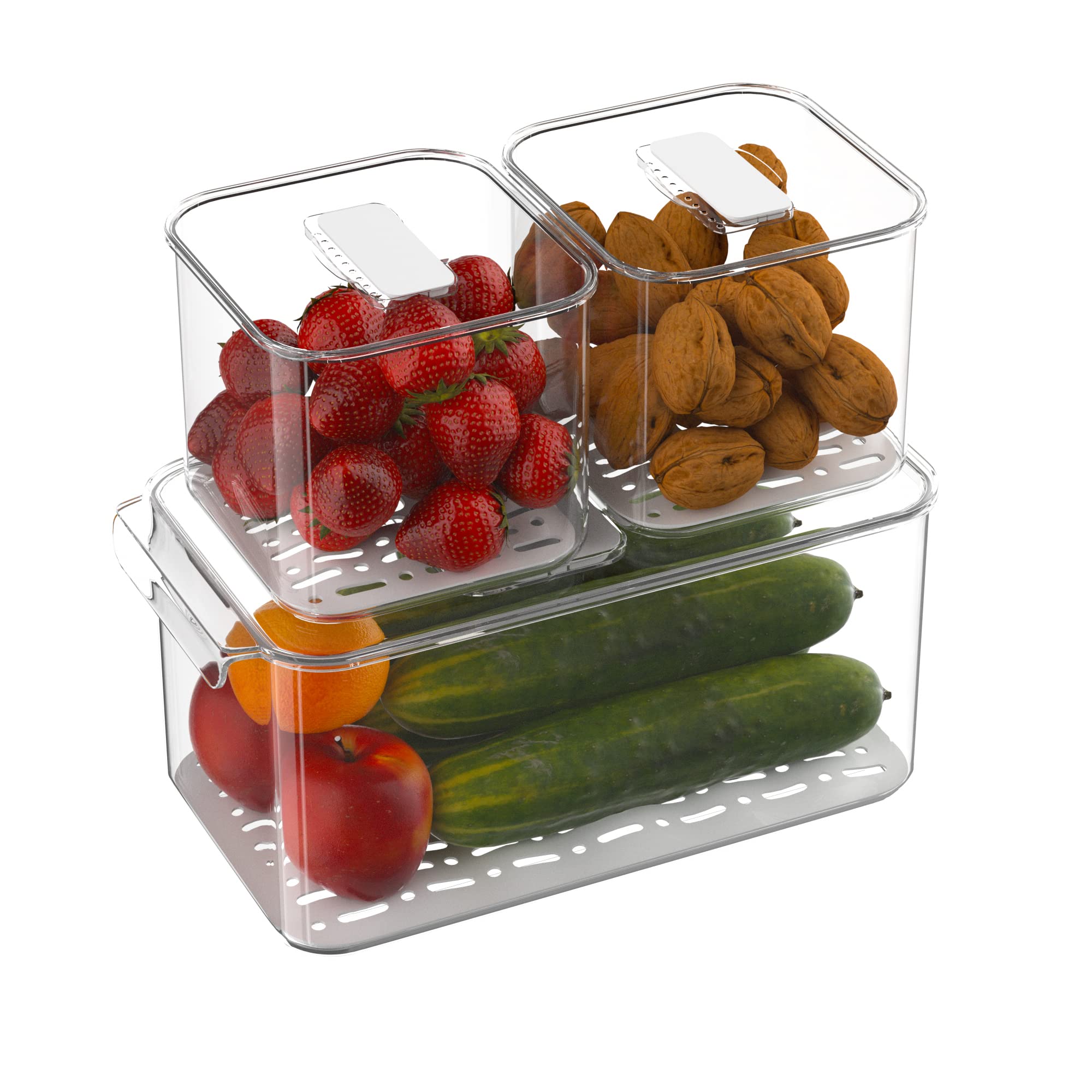 Redrubbit Fridge Food Storage Containers - 3 Pack Stackable Refrigerator & Freezer Organizer with Vented Lids & Removable Drain Tray - Fresh Produce Saver for Fruits, Vegetables & Meal Prep - Perfect for Kitchen Organization & Leftover Storage