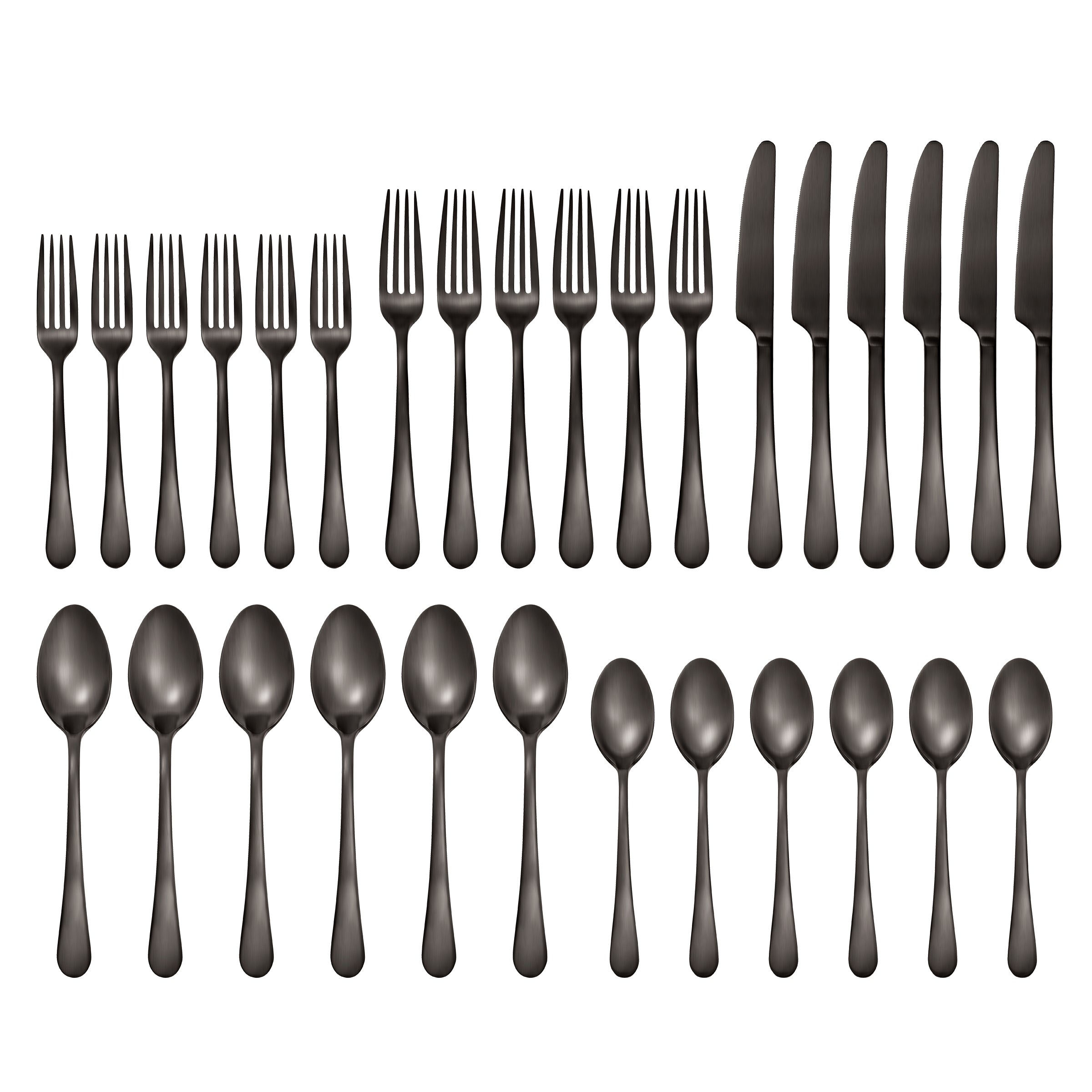 Mirabella Gunmetal Satin 30-Piece Flatware Set - Elegant Stainless Steel Cutlery for Dining, Entertaining & Wedding Gifts