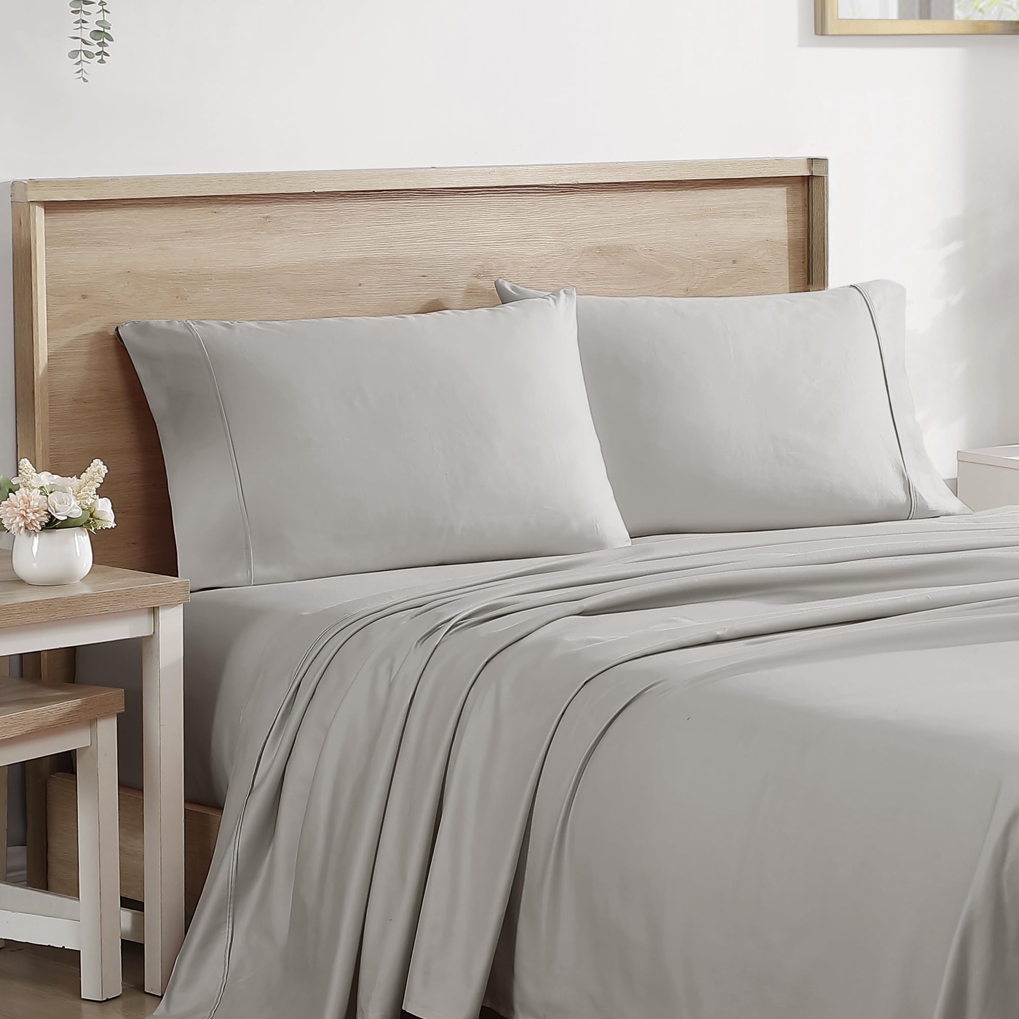 Brielle Home 400 Thread Count 100% Cotton Cooling Luxury Sateen Sheet Set - Twin Size, Vapor Grey - Hotel Quality Deep Pocket Bed Sheets for Ultimate Comfort & Breathable Sleep - Perfect for Bedrooms, Guest Rooms & Dorm Rooms