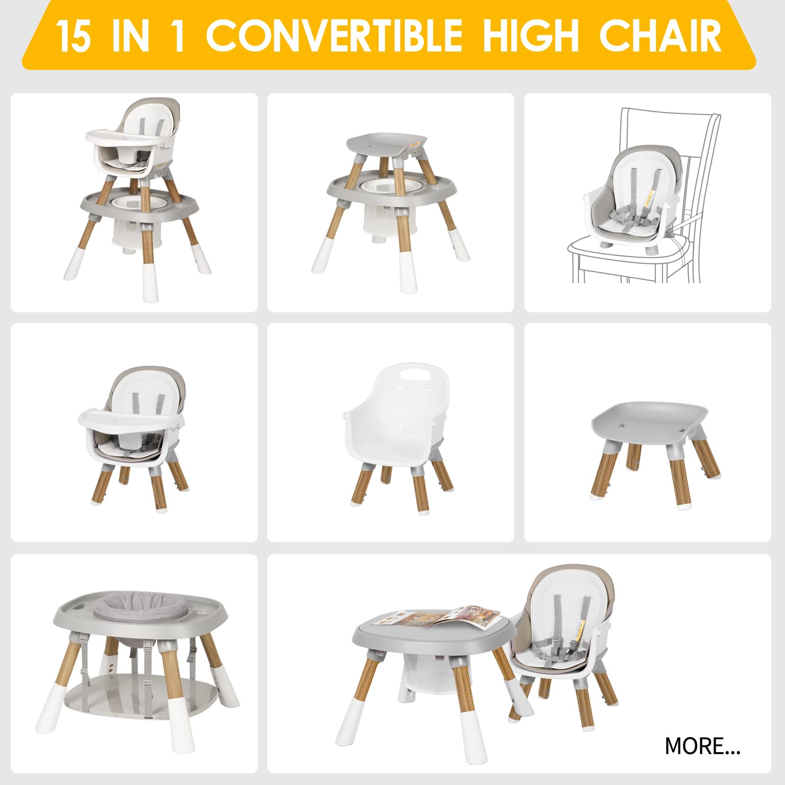 15-in-1 Convertible Baby High Chair for Toddlers 6-72 Months | Adjustable Height & Easy Clean Feeding Chair | Safe & Comfortable for Home, Restaurant & Travel (Grey)