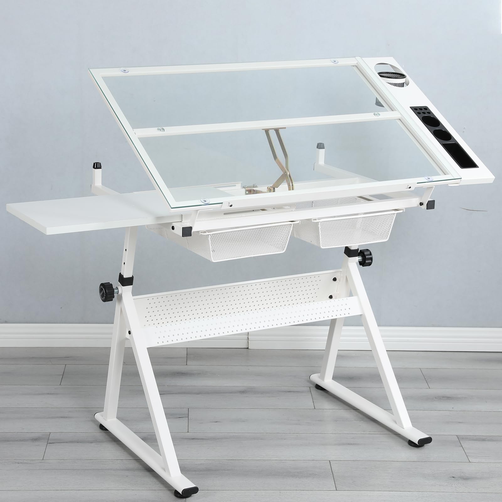 Adjustable Height Drafting Table with Tilting Glass Top - 2 Storage Drawers & Stool Included for Artists, Students & Home Office - Perfect for Diamond Painting, Sketching & Study Workspace