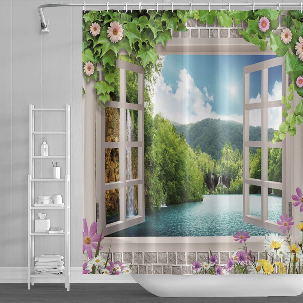Baocicco Tropical Island Bathroom Decor - Ocean & Mountain Theme Wooden Window Panoramic Shower Curtain 72x72 Inches, Blue & White - Perfect for Beach House, Coastal Bathroom & Vacation Home Decor
